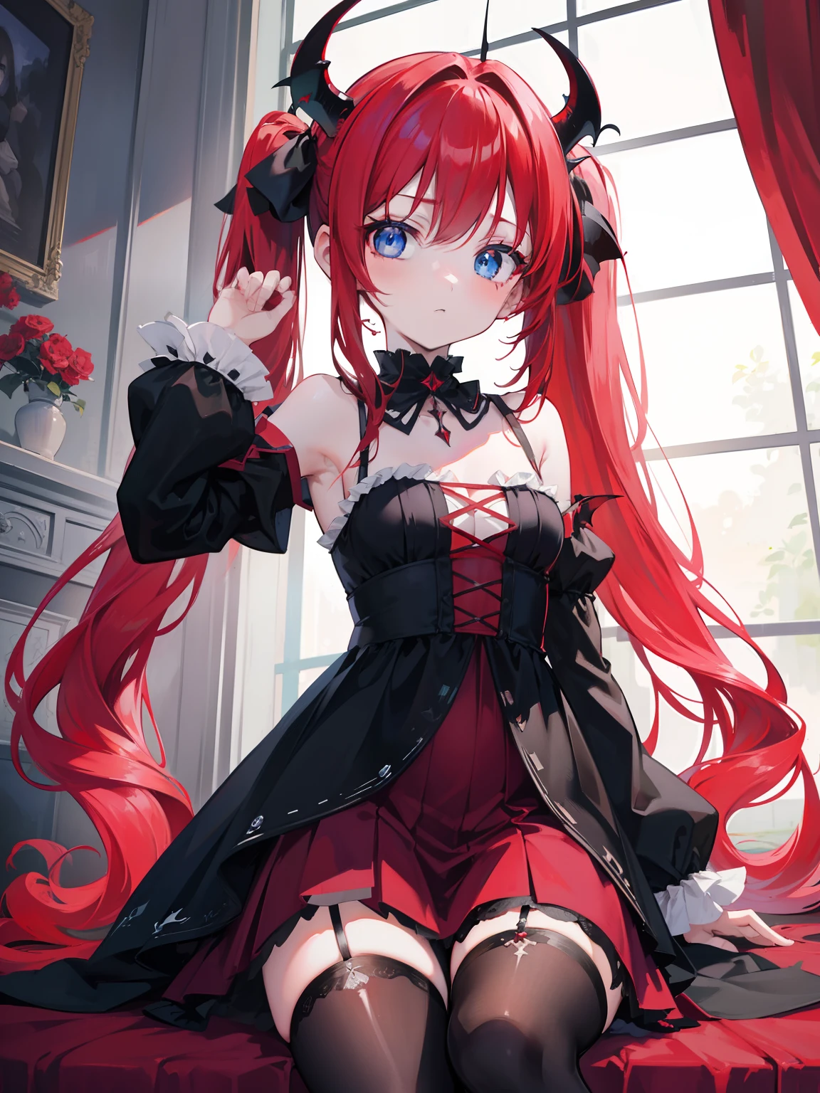 red hair,blue eyes,twintails, long hair, gothic, solo, loli, black stockings,{{best quality}}, {{masterpiece}}, {{ultra-detailed}}, {illustration}, {detailed light}, {an extremely delicate and beautiful},little girl,cute,Succubus, demon,horns