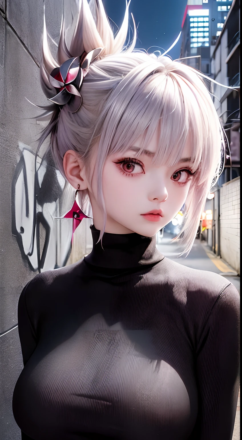 masterpiece, best quality, absurdres, perfect anatomy, 1girl, solo, Matsuri Kazamaki, silver hair,hair ornament, pinwheel, earrings, sharp eyes, choker, neon shirt, open jacket, turtleneck sweater, night, against wall, brick wall, graffiti, dim lighting, alley, looking at viewer, huge breast