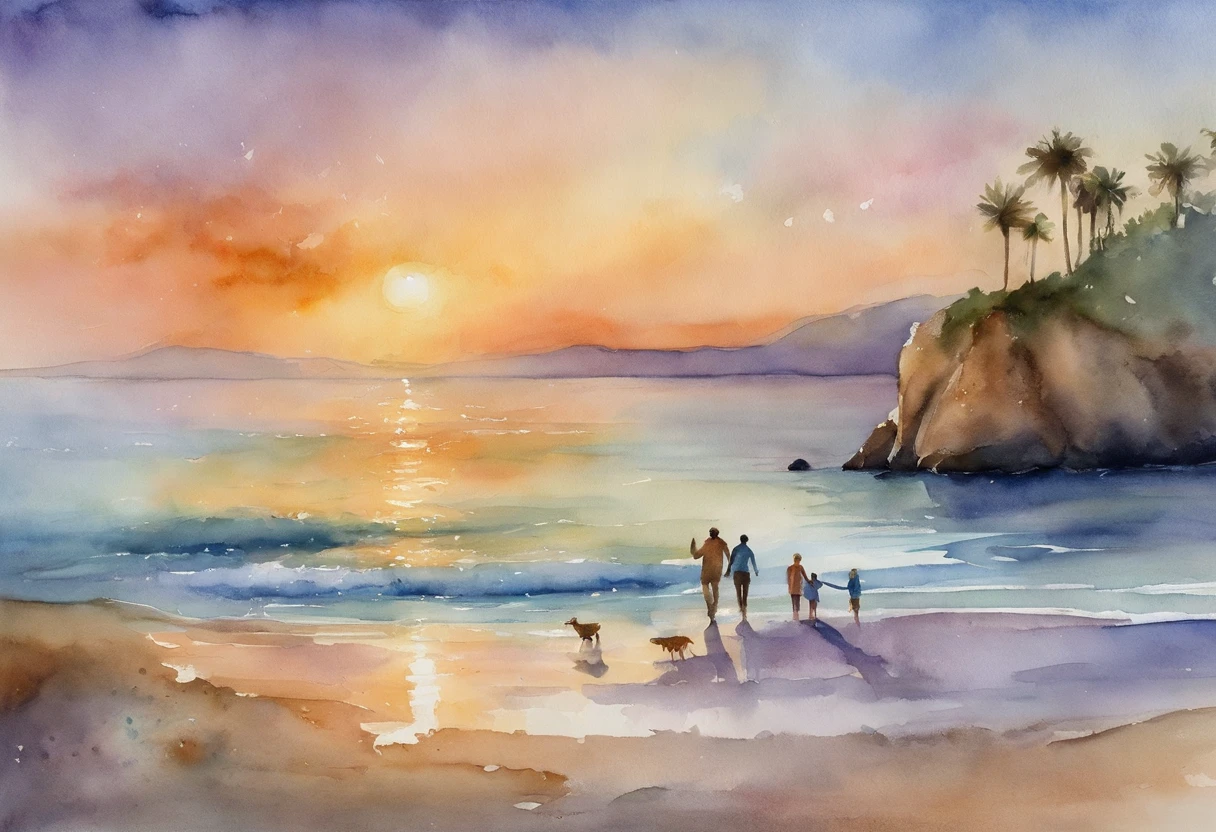 As the sun sets on the beach, a father and his two twenty-year-old daughters playfully chase their five--old along the shoreline. The sky is painted with a breathtaking palette of soft pastel hues - dusty blues, gentle pinks, and dreamy lavenders. The scene evokes a sense of tranquility and togetherness, captured beautifully through the lens of a watercolor artist.