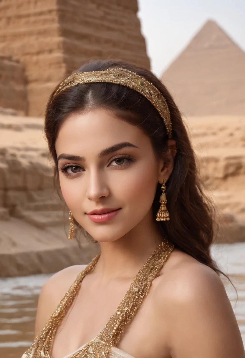 (prospective) Beautiful Egyptians, sexy hot, parfait, 23years old, straight haired, legs long and loose,,, silky golden skin (oily lighting) fleshy lips, Egyptian scarves, Jewelry and Bracelets (Photorealista:Photorealista, 8km masterpiece), Smiling: Organoleptic characteristics, (Textures and environments、Well detailed pure perfect lighting), Bathing in the river, Nile, River Bass, Poses variadas, Various poses