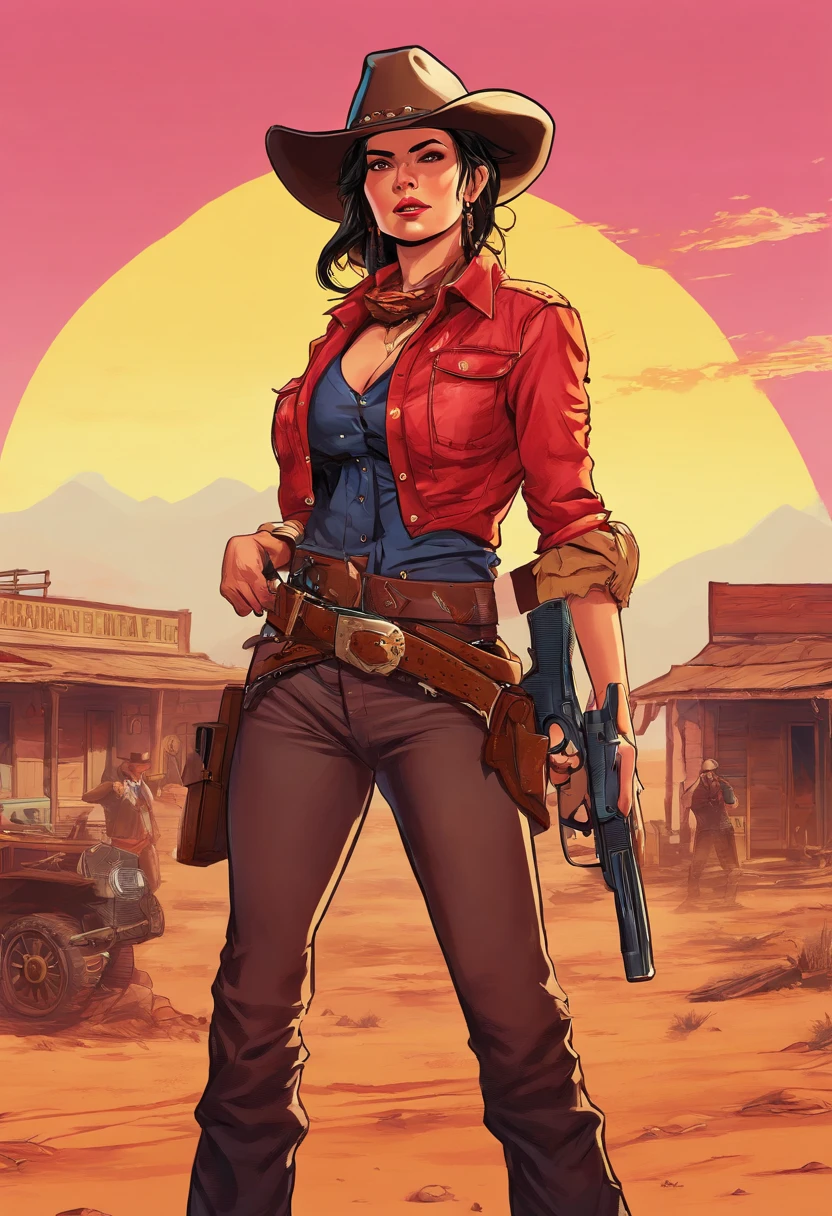 (masterpice,top-quality),Woman standing like a gunslinger in a western movie、Beautiful face,Breast size:1.2、The background is the American Pioneer Era、Western drama、Wasteland