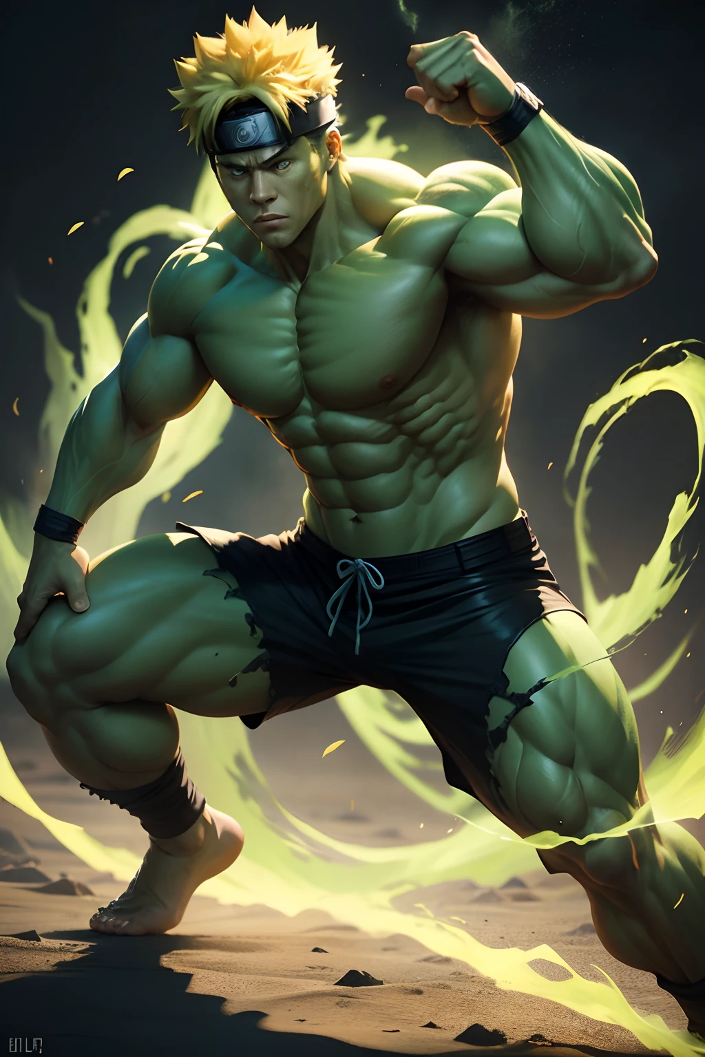 uzumaki naruto as hulk, full body, solo, male, realistic, detailed, perfect lighting, perfect shadow, perfect body, perfect picture, Super High Resolution, (Realism: 1.4), Original Photo, Best Quality, Masterpiece, Cinematic Experience