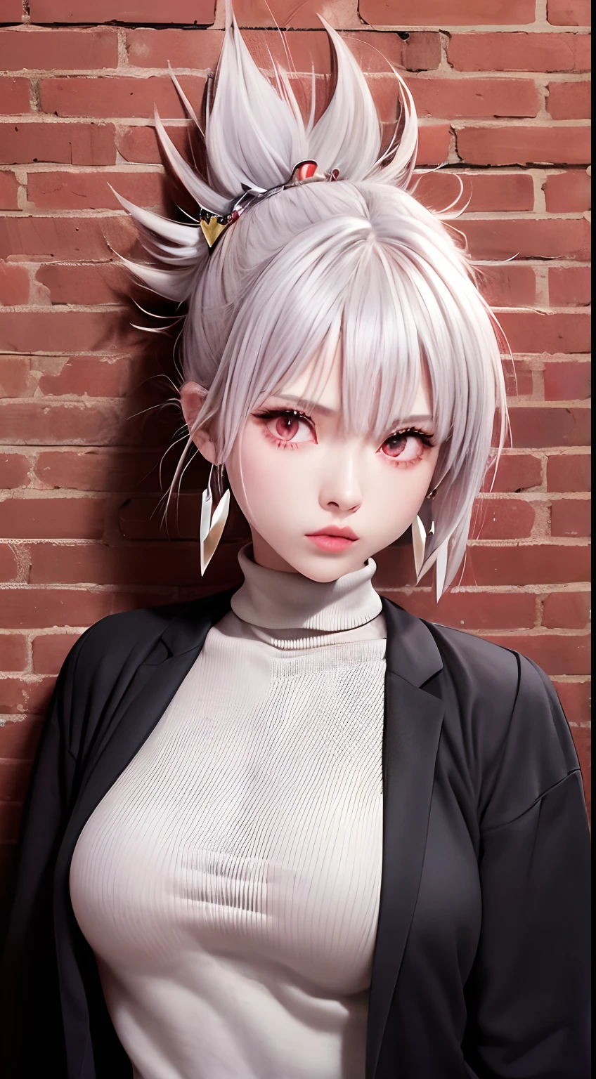 masterpiece, best quality, absurdres, perfect anatomy, 1girl, solo, Matsuri Kazamaki, silver hair,hair ornament, pinwheel, earrings, sharp eyes, choker, neon shirt, open jacket, turtleneck sweater, night, against wall, brick wall, graffiti, dim lighting, alley, looking at viewer, huge breast