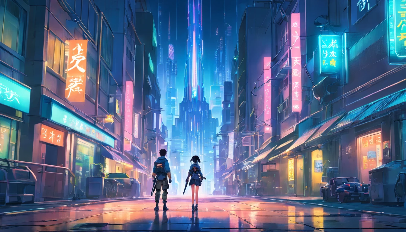 beautiful night cyberpunk city with a boy and a girl in cyber armor with futuristic katanas at a building