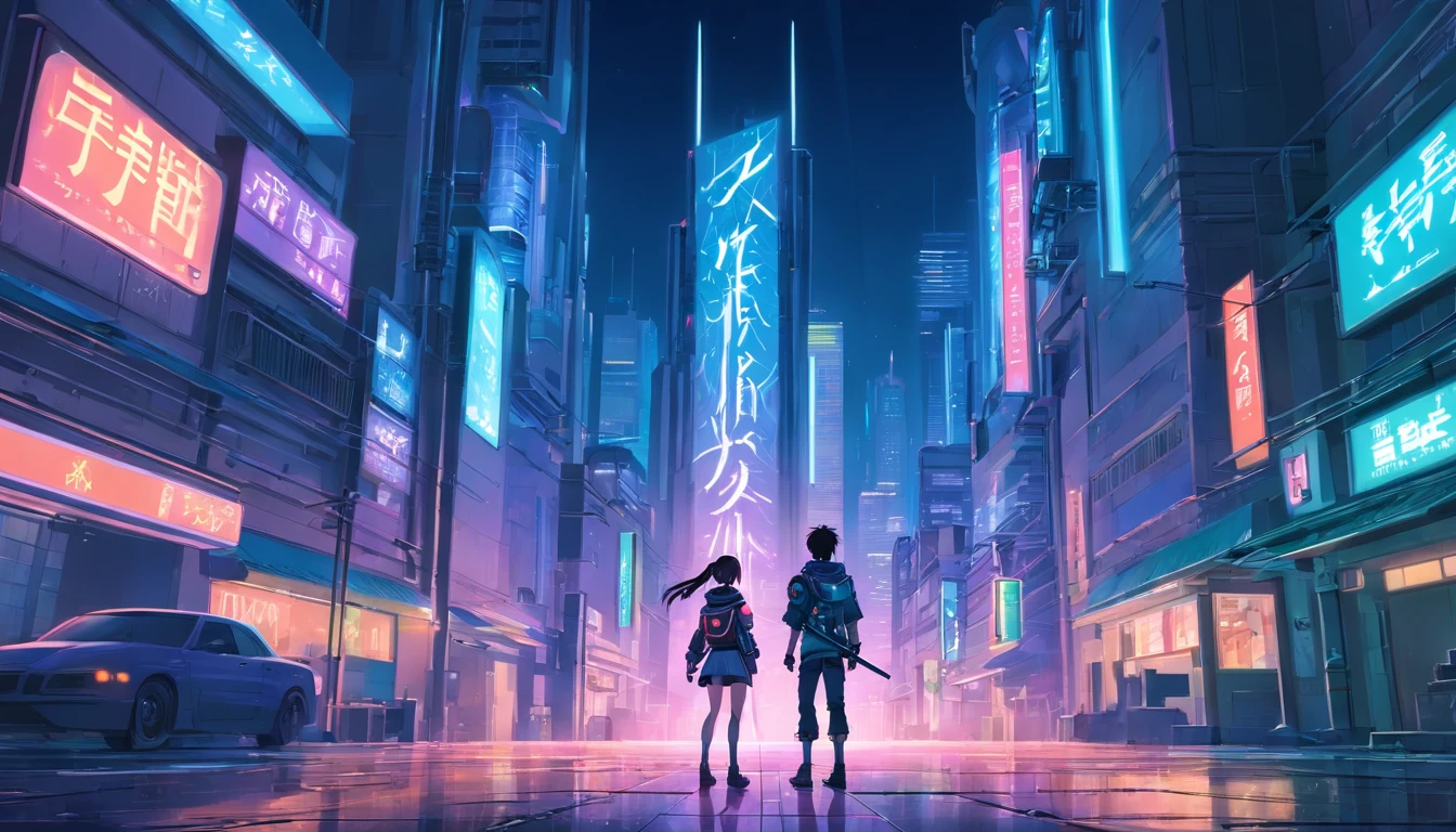 beautiful night cyberpunk city with a boy and a girl in cyber armor with futuristic katanas at a building