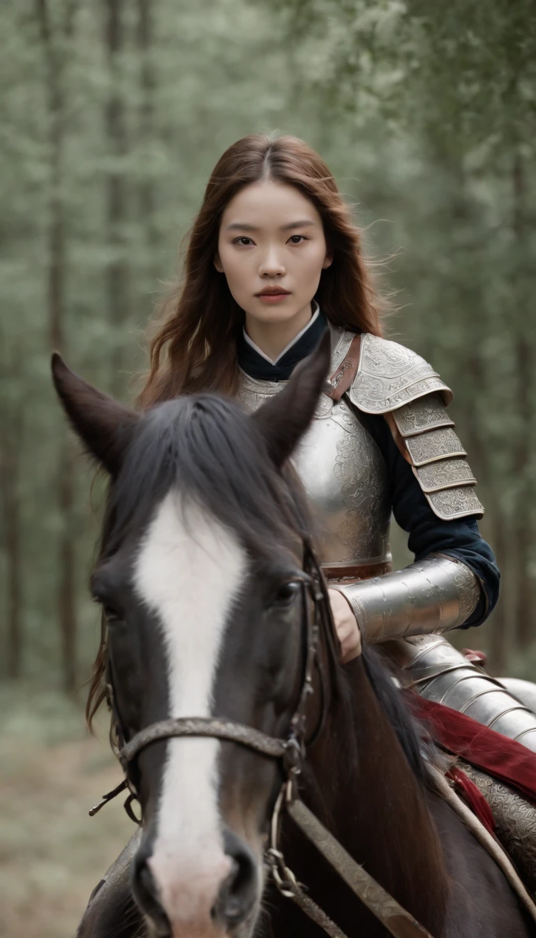 Girl with long hair riding a horse, wearing armor, holding an ancient Chinese sword, looking at the camera, Daido Moriyama style, cinematic lighting, amazing footage, 8K, medium: Marie Claire by Maia Flore