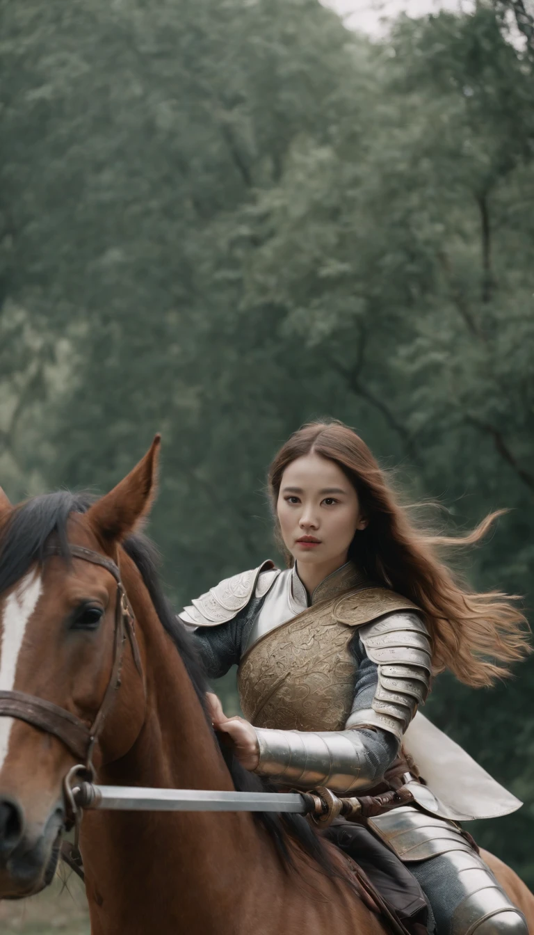 Girl with long hair riding a horse, wearing armor, holding an ancient Chinese sword, looking at the camera, Daido Moriyama style, cinematic lighting, amazing footage, 8K, medium: Marie Claire by Maia Flore