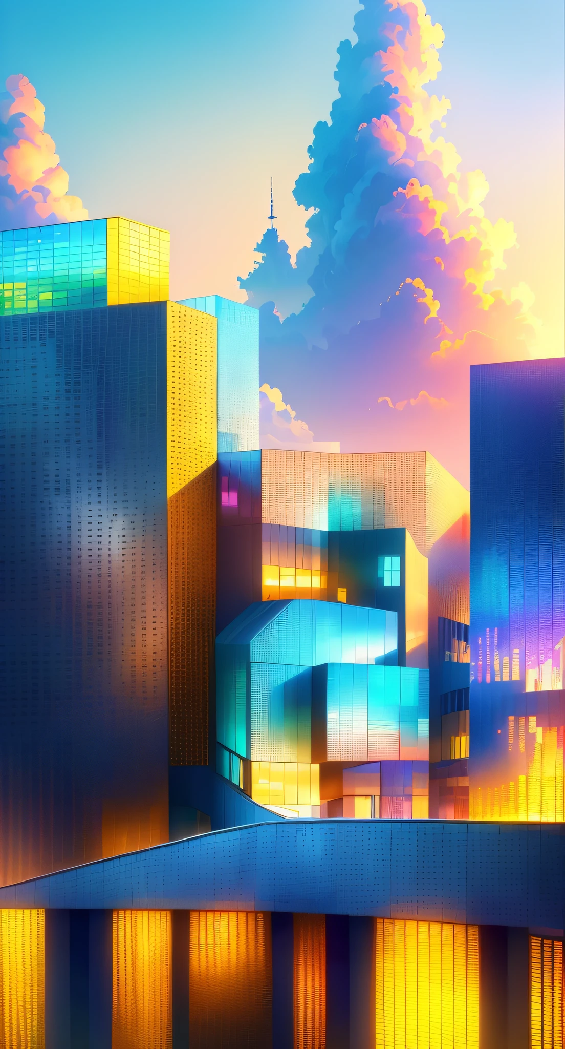 (Best quality,8K, high resolution, Masterpiece :1.2), ultra - detailed, Colorful architecture, Colorful, Blue skies, Lots of architectural details, Breathtaking cityscape, Towering buildings, A marvel of modern architecture, Stunning visual composition, An architectural masterpiece in every detail.