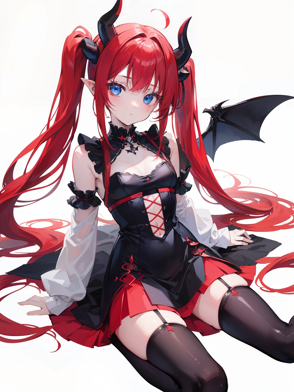 red hair,blue eyes,twintails, long hair, solo, loli, black stockings,{{best quality}}, {{masterpiece}}, {{ultra-detailed}}, {illustration}, {detailed light}, {an extremely delicate and beautiful},,cute,Succubus, demon,horns