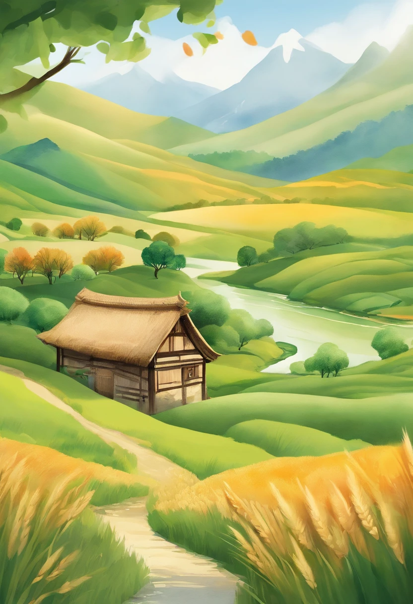 Xiaomi theme packaging design,Miyazaki animation style,Fresh watercolor illustration,Green dominant color,naturey,wholesome,Spring farm,rice,Wheat,High mountains and flowing water,