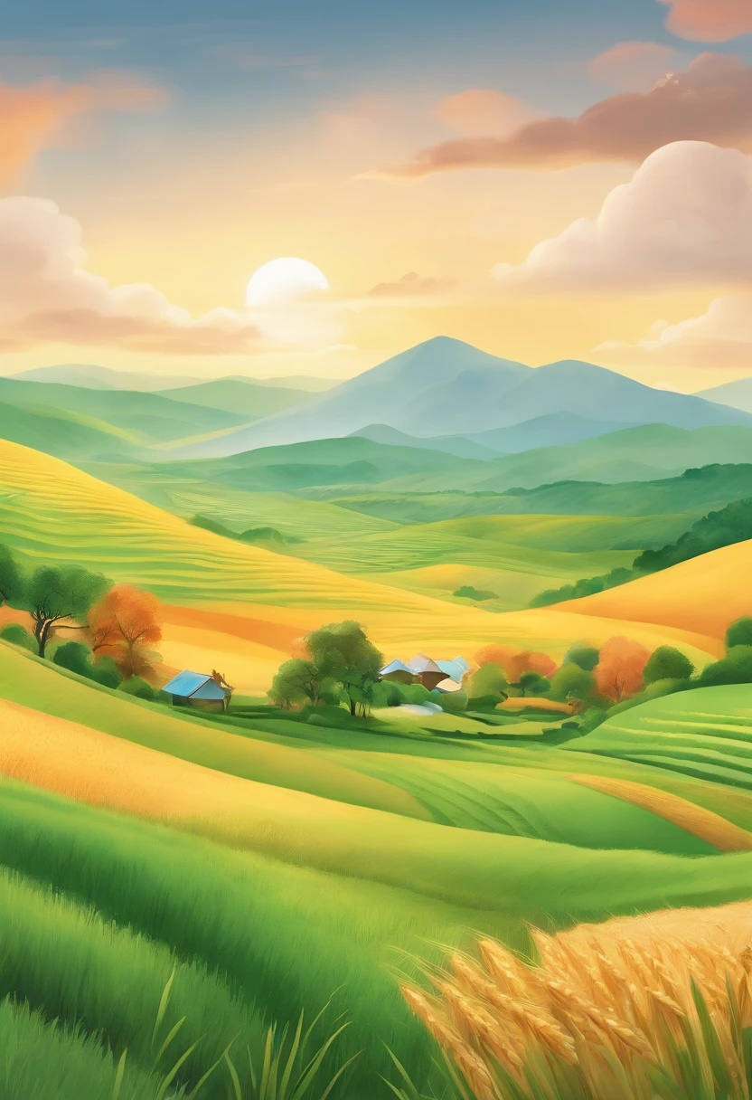 Xiaomi theme packaging design，Miyazaki animation style，Fresh watercolor illustration，Green dominant color，naturey，wholesome，Spring farm，rice，Wheat，High mountains and flowing water，