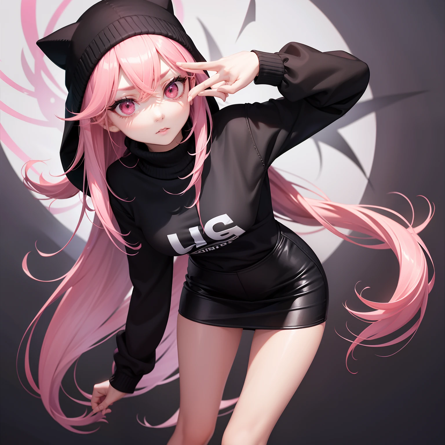 Leader of Runaway Bad Girl, Long Black Jumper, a cool、a miniskirt, Long pink hair, Looking at the viewer, Front view,