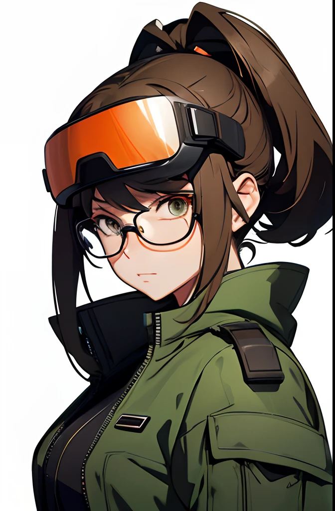 (Best Quality, masuter piece:1.2), (Realistic,Photorealsitic:1.37)One Woman、 (a 25yo woman, brown haired,Tsuriformes, hair between eye, Hezel eyes:1.1), (camouflage uniform),(camo cap),(Gray pants), Tan backpack, Black Frame Glasses, Drop Earrings, (confident facial expression:1.3), in a rooftop、独奏