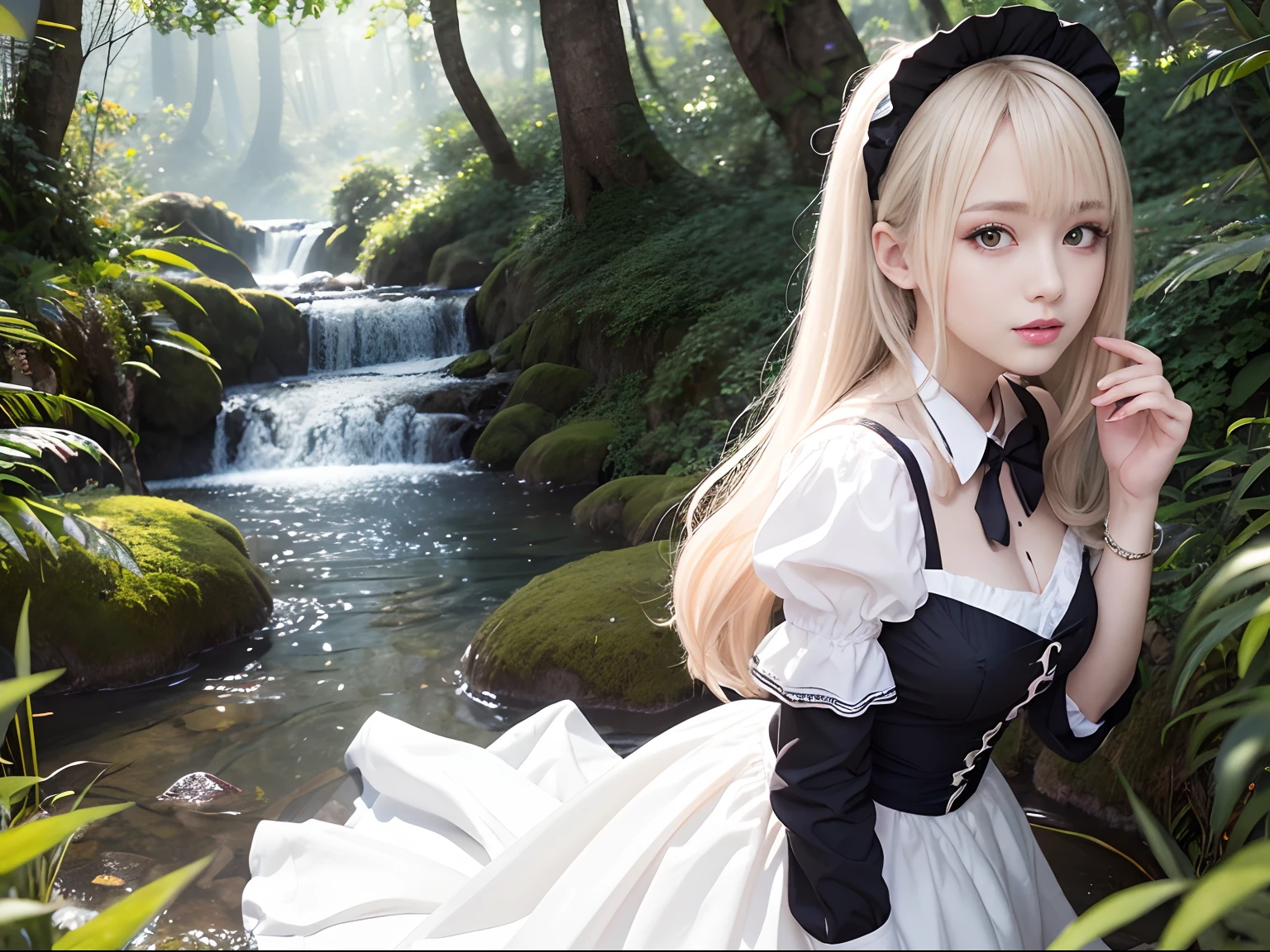 ​masterpiece、top-quality、hight resolution、extremely detailed photo、profetional lighting、Alafi in white dress and black shoes poses for photo、a sexy maid in a magical forest、doress、Lori in a dress、gorgeous maid、maid clothes、maid dress、a maid in a magical forest、Maid in uniform、Anime girl in maid clothes、Dressed in beautiful white、portlate、School Uniforms、bright expression、Young shiny shiny white shiny skin、Best Looks、Blonde reflected light、Platinum blonde hair with dazzling highlights、shiny light hair,、Super long silky straight hair、Beautiful bangs that shine、Glowing crystal clear attractive big blue eyes、Very beautiful nice cute 16 year old girl、Lush bust、poneyTail、