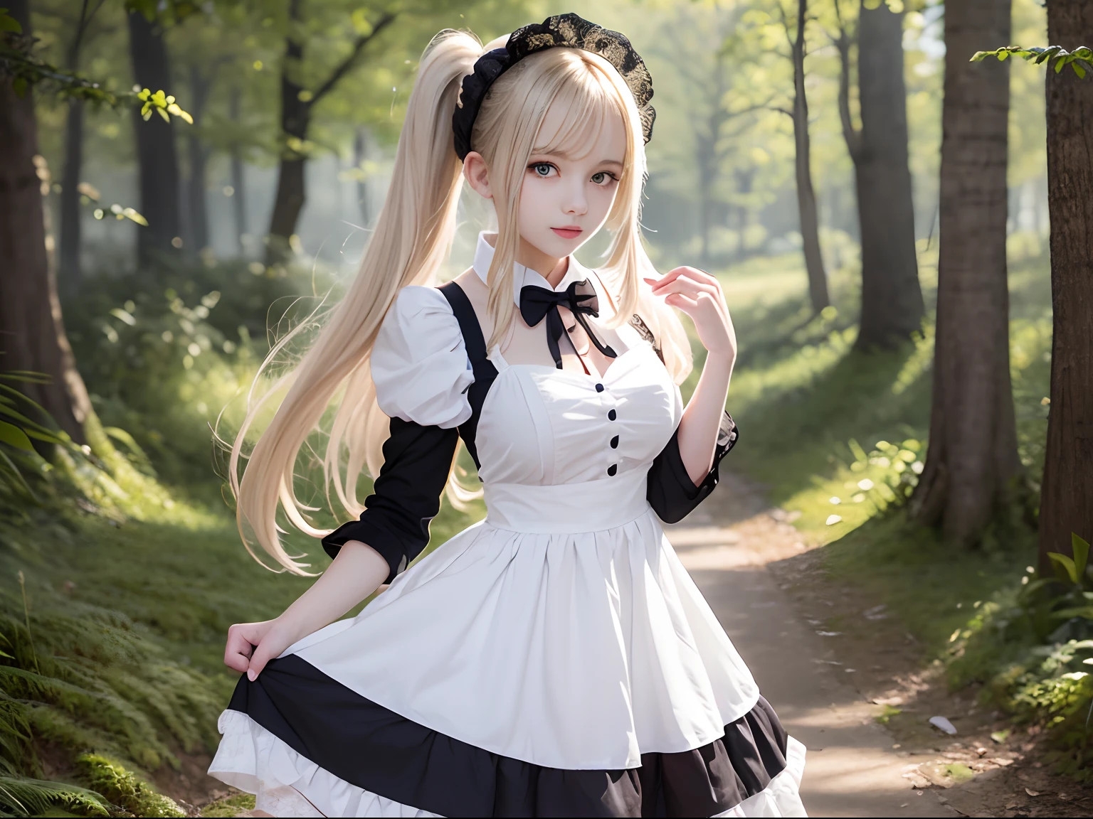 ​masterpiece、top-quality、hight resolution、extremely detailed photo、profetional lighting、Alafi in white dress and black shoes poses for photo、a sexy maid in a magical forest、doress、Lori in a dress、gorgeous maid、maid clothes、maid dress、a maid in a magical forest、Maid in uniform、Anime girl in maid clothes、Dressed in beautiful white、portlate、School Uniforms、bright expression、Young shiny shiny white shiny skin、Best Looks、Blonde reflected light、Platinum blonde hair with dazzling highlights、shiny light hair,、Super long silky straight hair、Beautiful bangs that shine、Glowing crystal clear attractive big blue eyes、Very beautiful nice cute 16 year old girl、Lush bust、poneyTail、