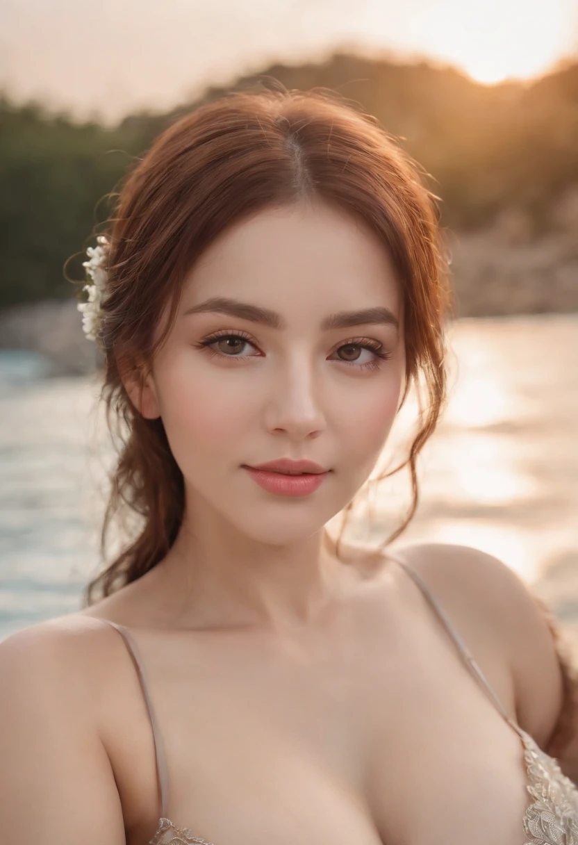 NSFW, masuter piece, Best Quality, illustratio, Ultra-detailed, finely detail, hight resolution, 8k Wallpapers, Perfect dynamic composition, Beautiful detailed eyes, Natural Color Lip,swimming pools, full bodyesbian, Random and cute poses, flowing bangs,cleavage of the breast, Smile Face,Sunset