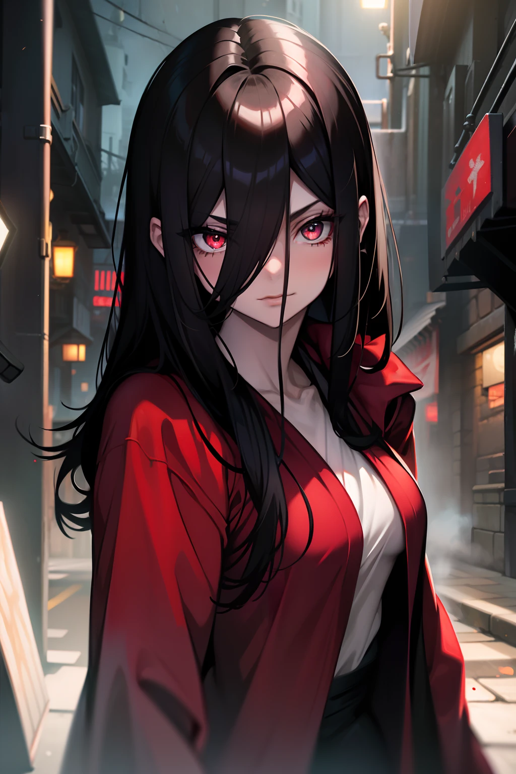 (( best quality, Masterpice, )) Crimson Eyes, Leuchtende Augen, Nacht, red robe, stehend, Weiblich, Lange Haare, black hair, white skin