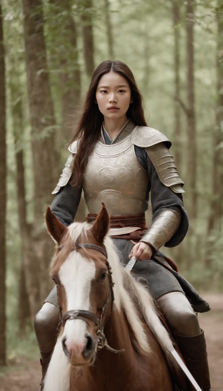 Girl with long hair riding a horse, wearing armor, holding an ancient Chinese sword, looking at the camera, Daido Moriyama style, cinematic lighting, amazing footage, 8K, medium: Marie Claire by Maia Flore