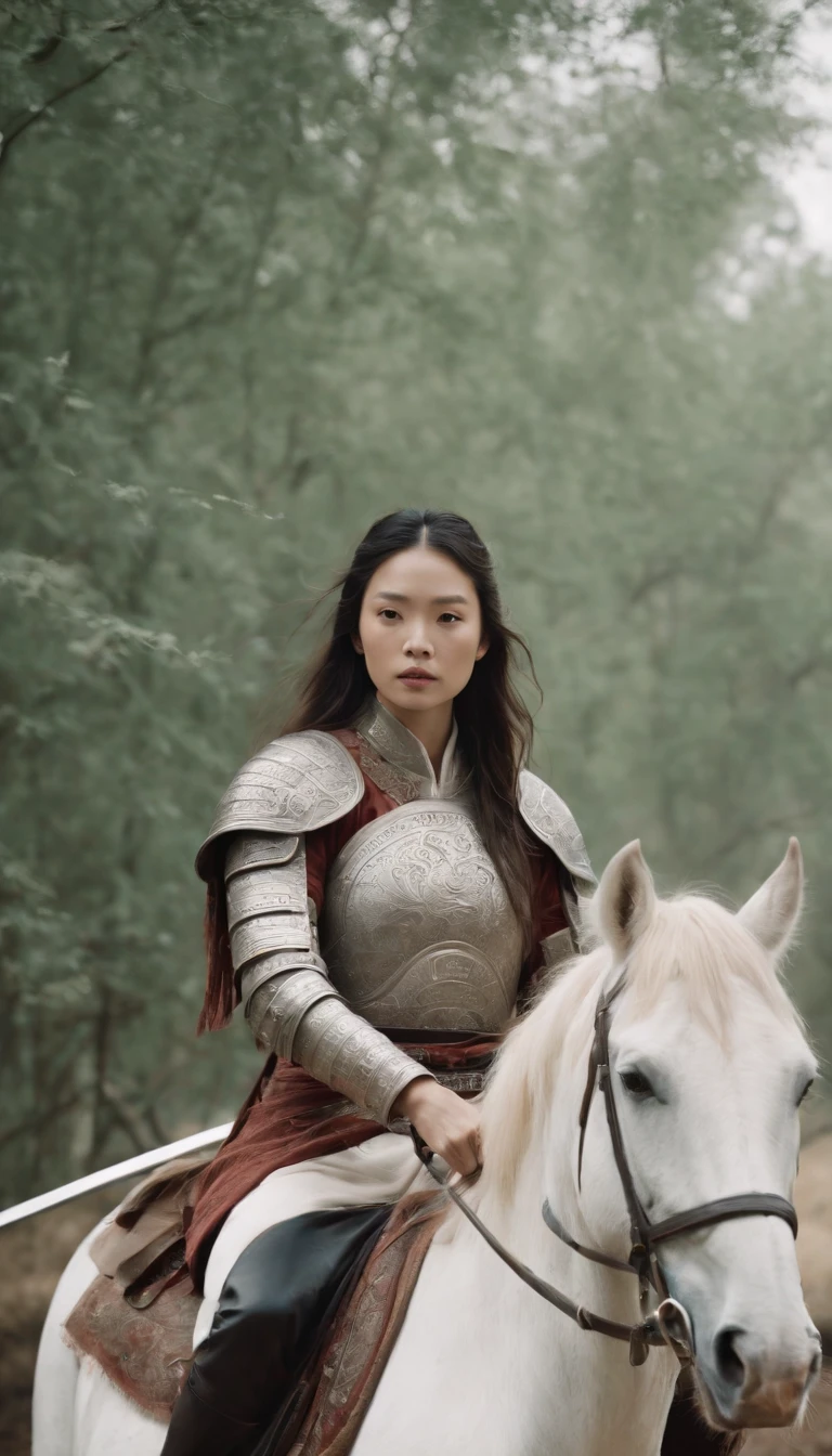 Girl with long hair riding a horse, wearing armor, holding an ancient Chinese sword, looking at the camera, Daido Moriyama style, cinematic lighting, amazing footage, 8K, medium: Marie Claire by Maia Flore