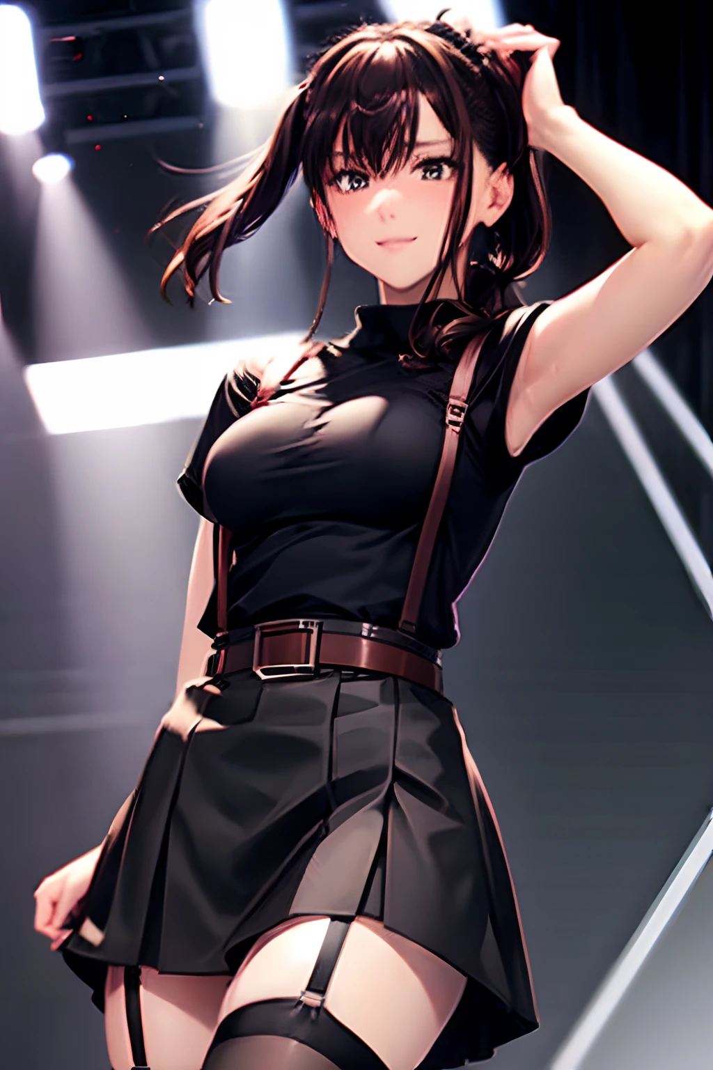 Skirt, tank top suspenders, Brown long hair, Red eyes, Garter belt on the legs, Leather jacket, internal Armpit sweat Embarrassed