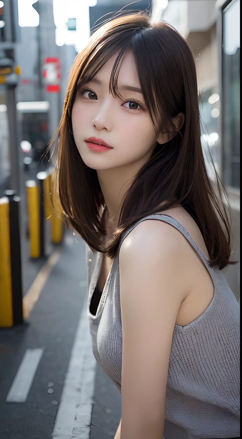 finely detail, hight resolution, hightquality、Perfect dynamic composition, Beautiful detailed eyes, Medium Hair, small tits、Natural Color Lip,Kamimei、Shibuya、20 years girl、1 persons、Transparent skin、Glowing hair、masutepiece, Best Quality, Illustration, Ultra-detailed, finely detail, hight resolution, 8K、The correct state of the human body、crouching down、Gravure Model Pose,Hair soaring in the wind