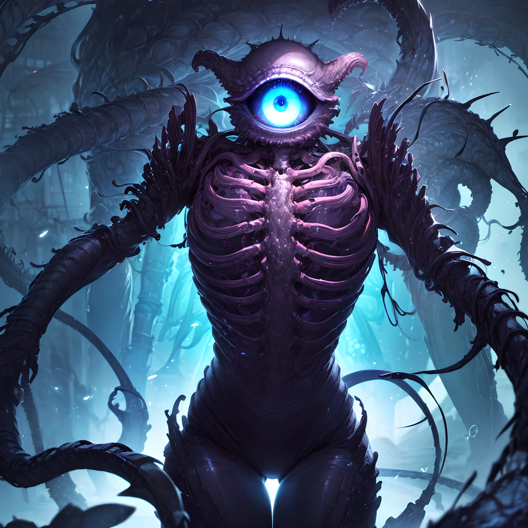 (High resolution, 8k, realistic :1.3) Soft details, rich color palette, front close-up, An alien creature with a translucent humanoid body and (one terrifying eye:1.3), There no nose and mouth, translucent skin, (smooth translucent skin:1.3), in the skin is full of green tissue fluid, the number of bones is more than the human imagination, 2 mechanical tentaclesthe replace the arm, half of the body is replaced by the mechanical organization, the perfect combination of the mechanical life and the biology technique,