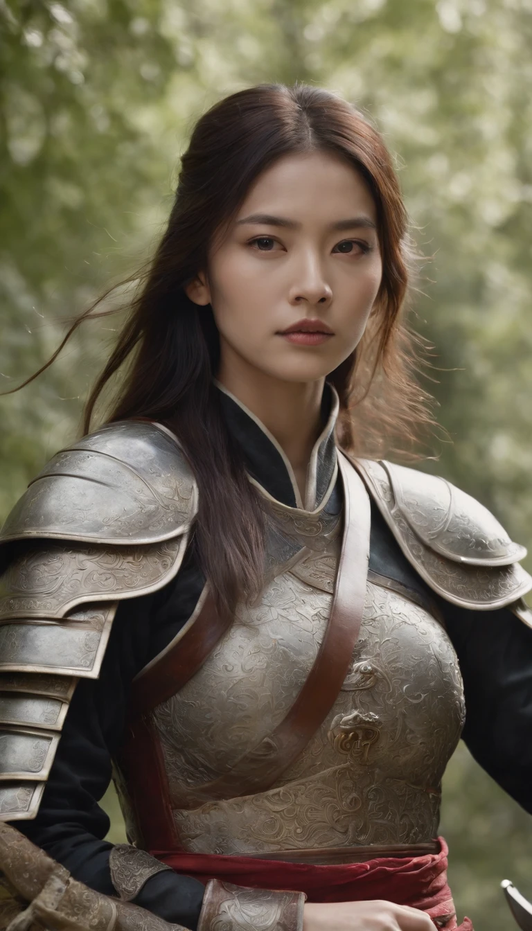 with whole body visible,Long-haired girl on horseback, Wearing armor, Holding an ancient Chinese sword, Looking at the camera, Daido Moriyama style, Cinematic lighting, amazing shot, 8K, mediating: Marie Claire by Maya Flor,