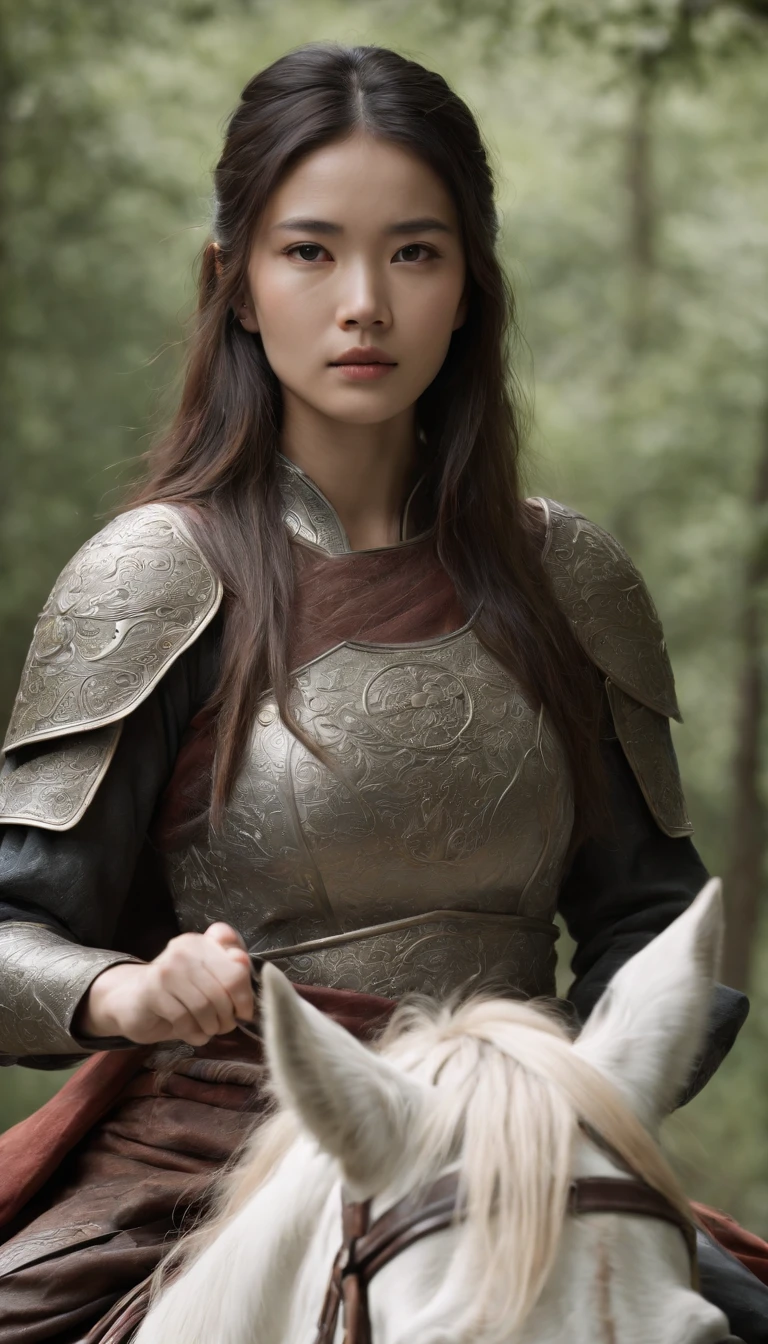 with whole body visible,Long-haired girl on horseback, Wearing armor, Holding an ancient Chinese sword, Looking at the camera, Daido Moriyama style, Cinematic lighting, amazing shot, 8K, mediating: Marie Claire by Maya Flor,