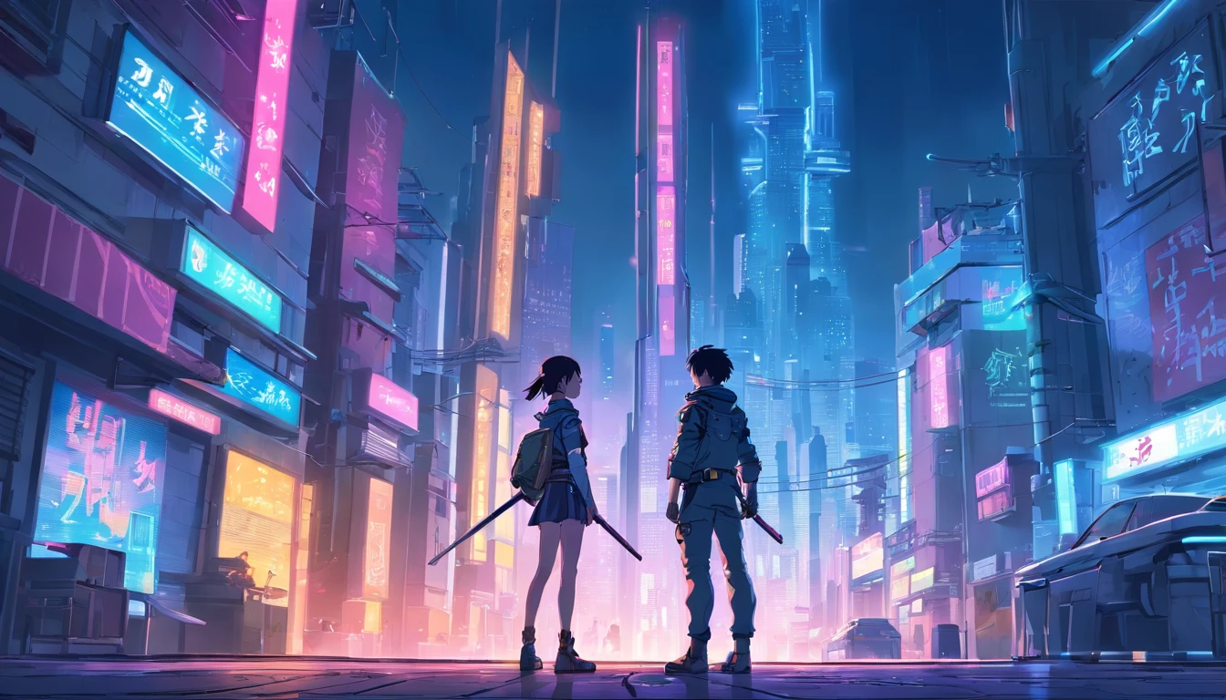beautiful night cyberpunk city with a boy and girl cyberninjas standing on top of a building with futuristic armor and katanas