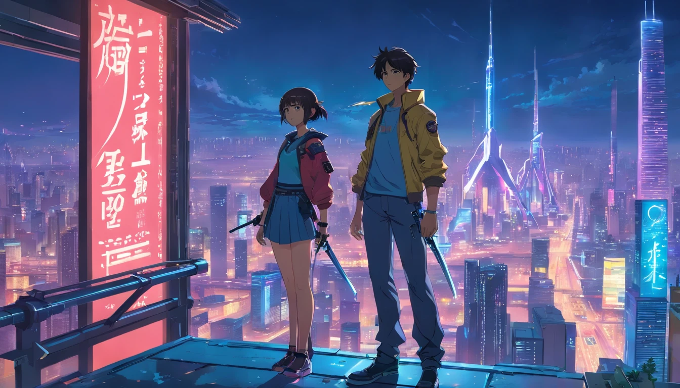 beautiful night cyberpunk city with a boy and girl cyberninjas standing on top of a building with futuristic armor and katanas