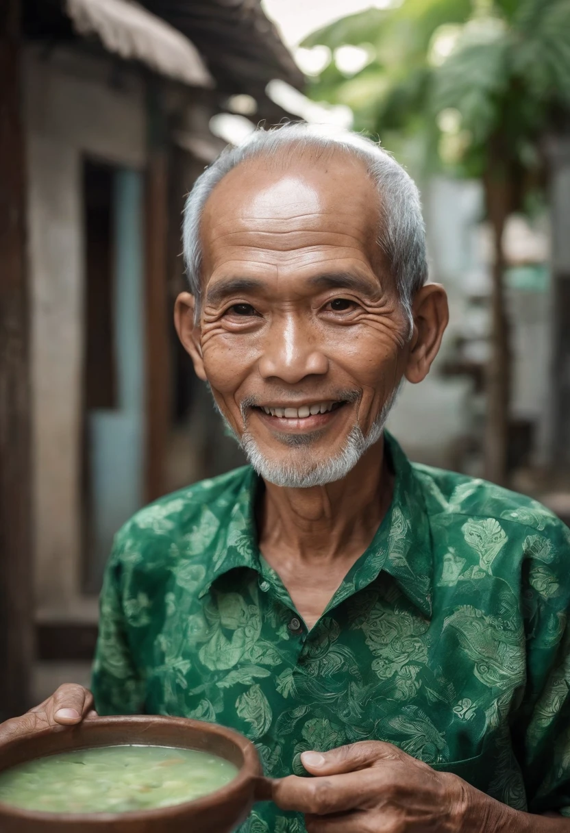 Photo of an old Javanese man, from Lamongan City, in East Java, Java Island in Indonesia. A Soto Soup seller. Around 50 years old, dark brown skin, black eyes, wide eyes, black straight hair with little bit curly hair. Cheerful-pleasant and open minded personality, wise-look face, natural crinkle on the face, sincere smile, feeling happy, wearing green tone batik shirt and dark sarong fabric, out in the streets smiling in the day light, in front of his Soto Soup Stall and other small street vendors, (masterpiece) (photorealistic), ultrarealistic (Best Quality) (Detailed) photographed in a Canon EOS R5, 50mm Lens, F/2.8, (8K) (Wallpaper) (Cinematic lighting) (Dramatic Lighting)