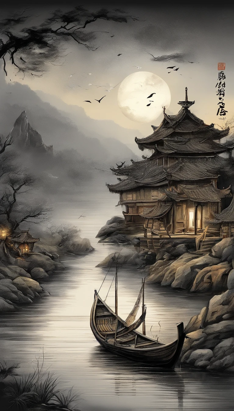 Night view of the old town,Seek and find,cheerless,The moon falls, the crescent moon falls into the lonely well,Fragmented,Bit by bit,There are flowers in dreams, green meadows in dreams,Long hair causes ripples,Shirabu Shishiiso,Kappa poles swing the boat,Crossing the ancient rare,(Small rivers),(Ancient boats),(There is a bright full moon in the distant night sky),(nighttime scene),(Ink painting style),8k wallpaper,light and shadow effect,Tyndall,rendering by octane,White balance,Extremely detailed picture,depth of fields,tmasterpiece,realisticlying,RAY