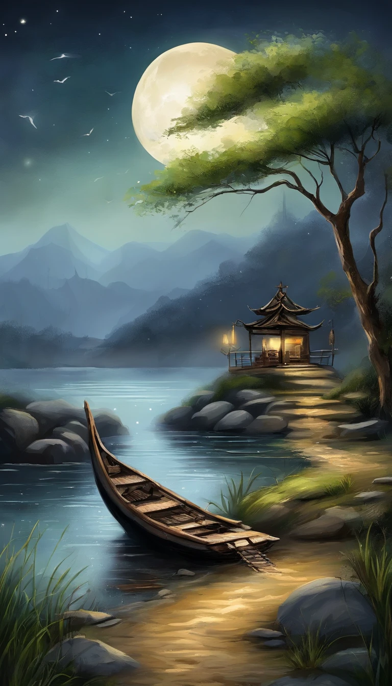 Night view of the old town,Seek and find,cheerless,The moon falls, the crescent moon falls into the lonely well,Fragmented,Bit by bit,There are flowers in dreams, green meadows in dreams,Long hair causes ripples,Shirabu Shishiiso,Kappa poles swing the boat,Crossing the ancient rare,(Small rivers),(Ancient boats),(There is a bright full moon in the distant night sky),(nighttime scene),(Ink painting style),8k wallpaper,light and shadow effect,Tyndall,rendering by octane,White balance,Extremely detailed picture,depth of fields,tmasterpiece,realisticlying,RAY