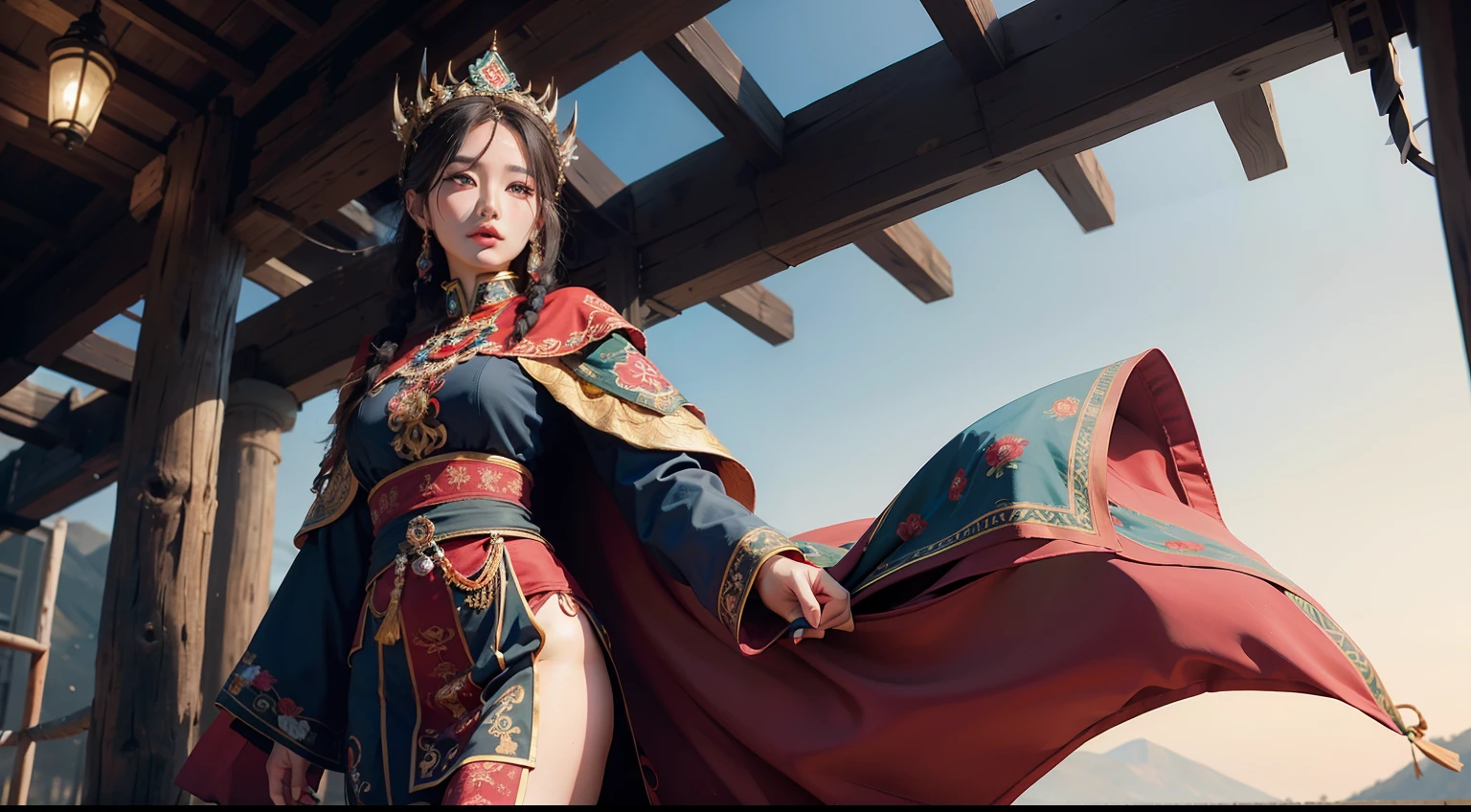 thin waist exposed、Woman in Mongolian tribal costume.