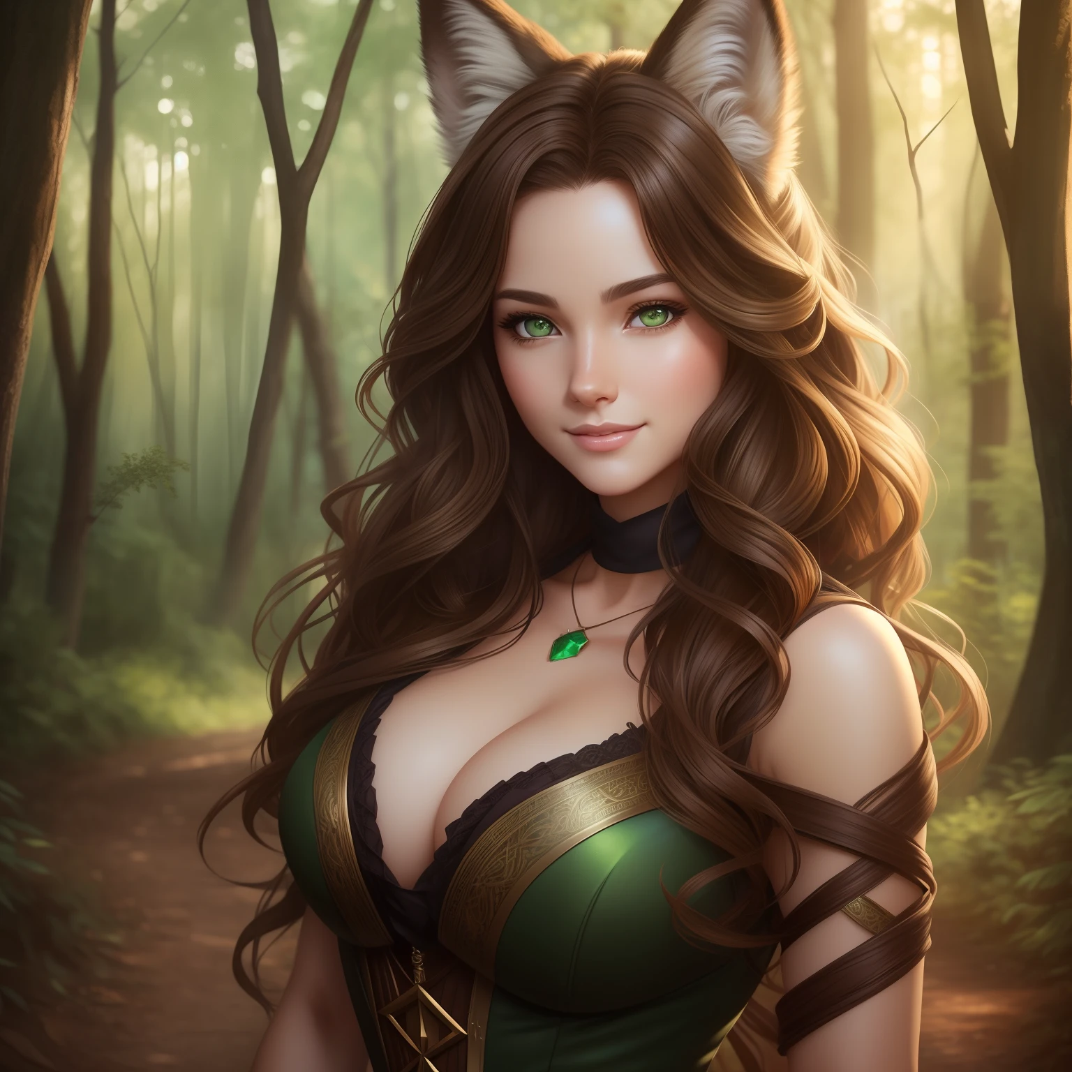 Realistic woman posing for a photo, smiling at camera,(wavy brown hair with wolf ears), ()light green eyes)), hair with many details, medium breasts, 8k artgerm bokeh, fanart best artstation, render photorealistic girl, guweiz-style art, inspired by WLOP, ig model | artgerm, detailed portrait, stunning portrait of realistic face, beautiful portrait, deviantart artstation cgscosiety, ((standing in the woods))