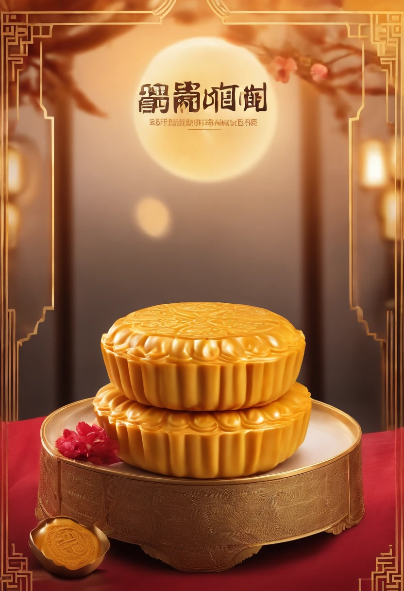 Commercial shooting, Cantonese egg yolk mooncakes, Mooncake size, poster for, Fresh style background, elegant, Booth lighting, Attractive, photorealistic colors, Ultra HD