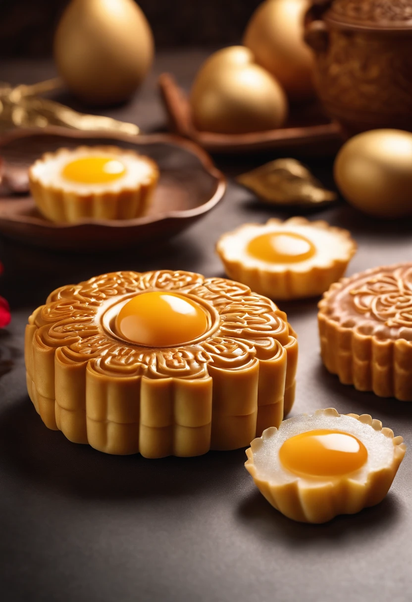 Commercial shooting, Cantonese egg yolk mooncakes, Mooncake size, poster for, Fresh style background, elegant, Booth lighting, Attractive, photorealistic colors, Ultra HD