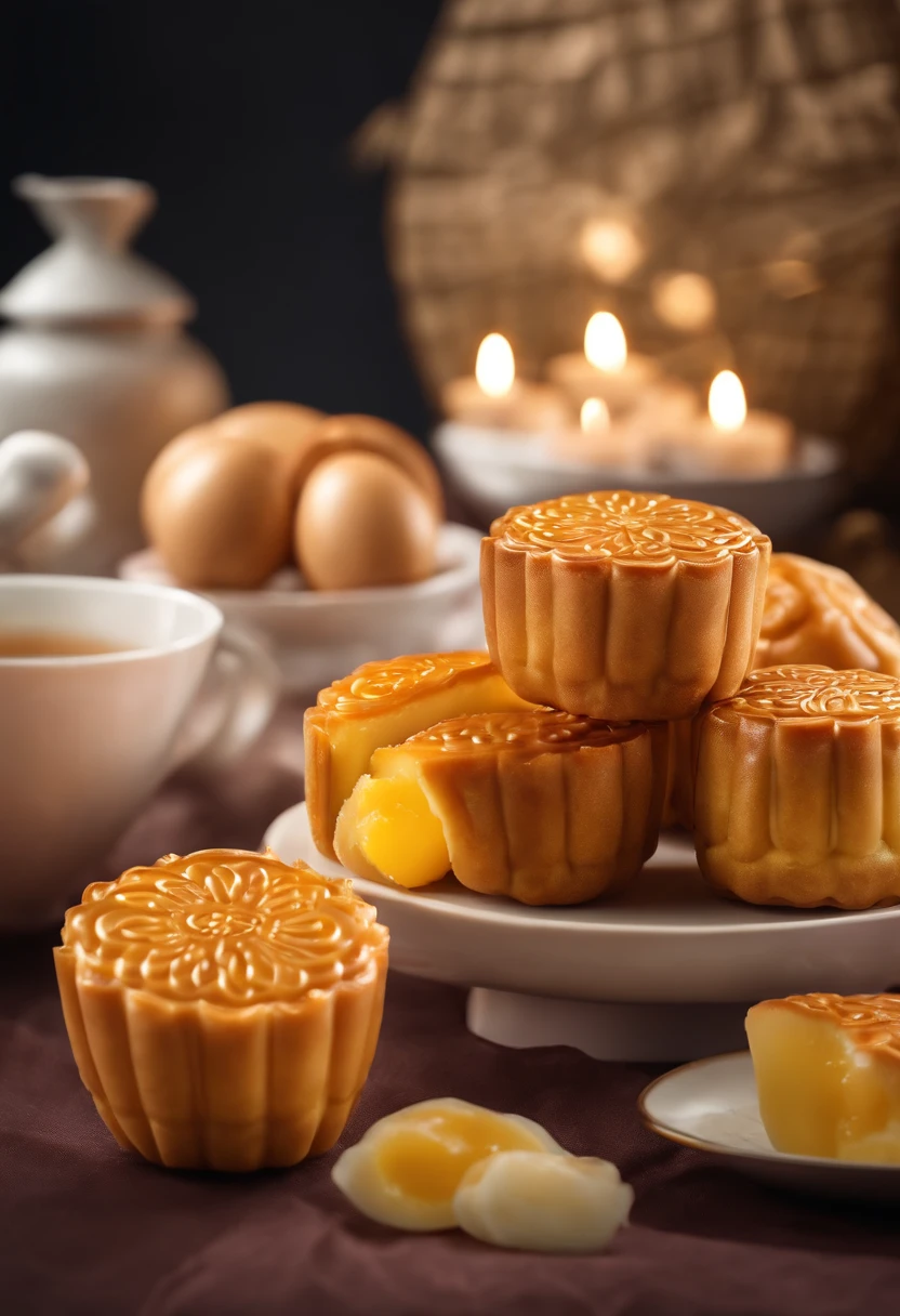 Commercial shooting, Cantonese egg yolk mooncakes, Mooncake size, poster for, Fresh style background, elegant, Booth lighting, Attractive, photorealistic colors, Ultra HD