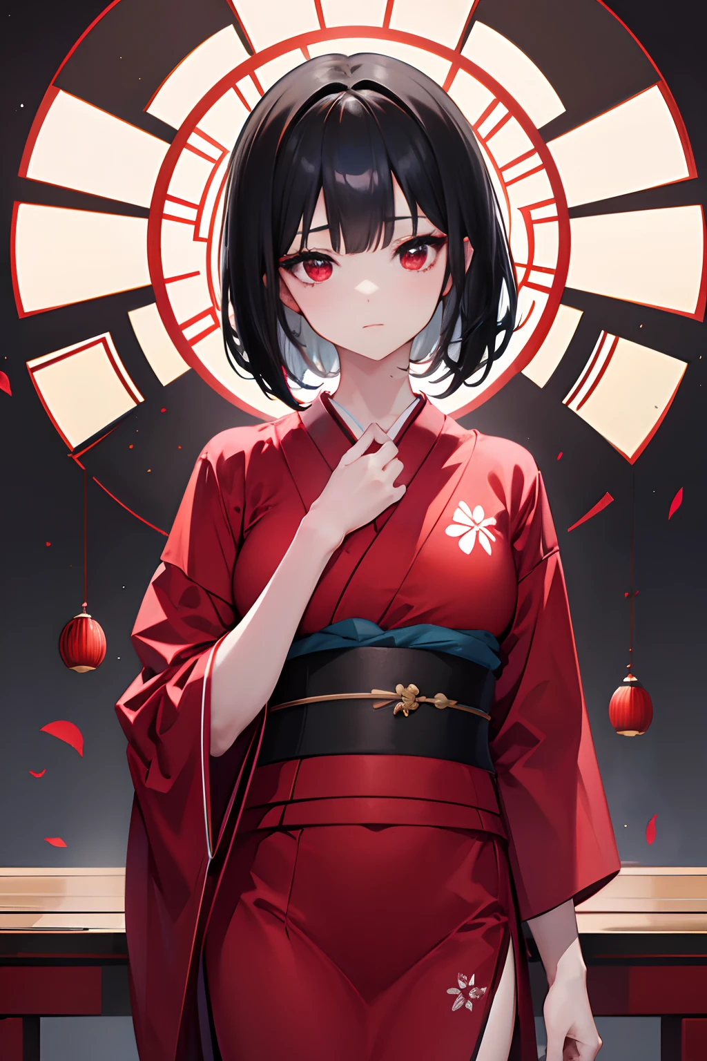 1 beautiful girl , short black hair, red eyes, clothes yukata , city japan , absurdres, highres, ultrasharp, 8K, masterpiece, looking at viewer