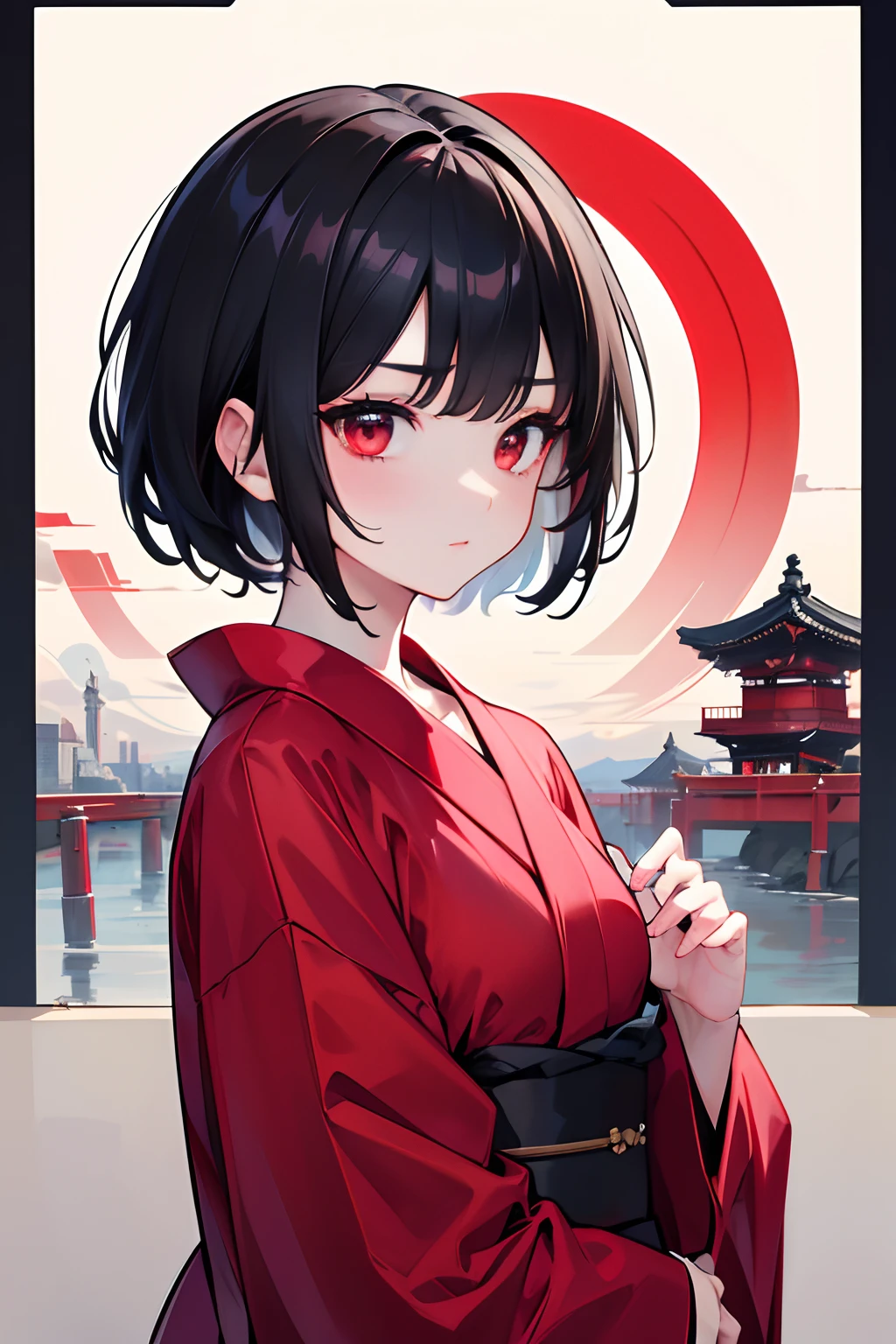 1 beautiful girl , short black hair, red eyes, clothes yukata , city japan , absurdres, highres, ultrasharp, 8K, masterpiece, looking at viewer