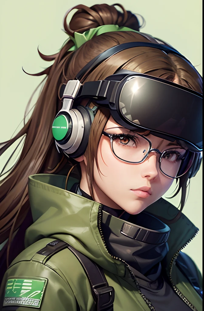 Wearing very big futuristic VR goggles on his head、Woman Inventor, Hair color is brown and tied in one, eyes are large light brown, Large black-rimmed glasses, Freckles on the cheeks, Wearing an armygreen colored flight jacket ,Modern anime style, anime style illustration, By Shinkai Makoto ( Apex Legends ), digital anime illustration,
