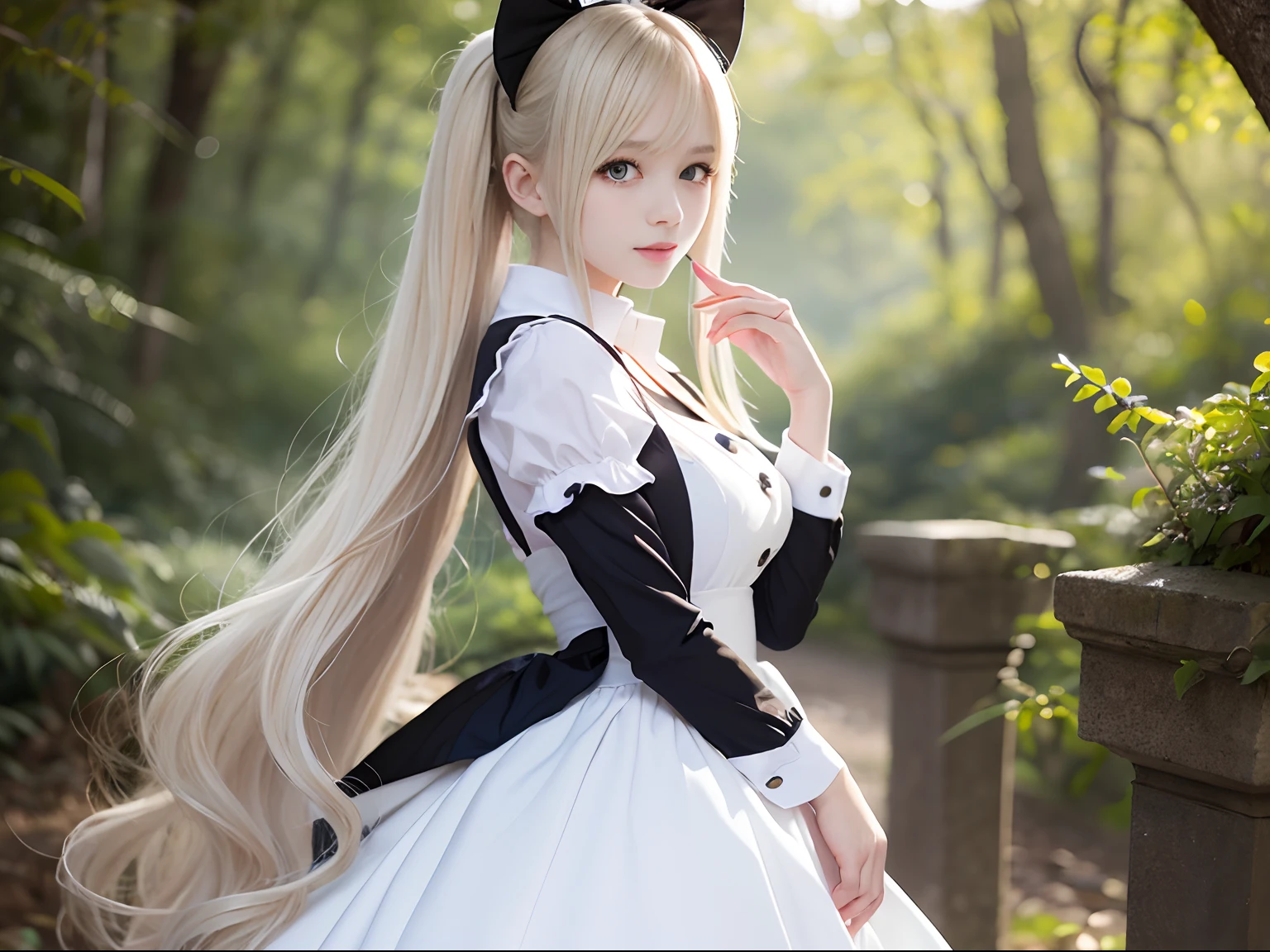 masterpiece、top-quality、hight resolution、extremely detailed photo、profetional lighting、Alafi in white dress and black shoes poses for photo、a sexy maid in a magical forest、doress、Lori in a dress、gorgeous maid、maid clothes、maid dress、a maid in a magical forest、Maid in uniform、Anime girl in maid clothes、Dressed in beautiful white、portlate、School Uniforms、bright expression、Young shiny shiny white shiny skin、Best Looks、Blonde reflected light、Platinum blonde hair with dazzling highlights、shiny light hair,、Super long silky straight hair、Beautiful bangs that shine、Glowing crystal clear attractive big blue eyes、Very beautiful nice cute girl、Lush bust、poneyTail、