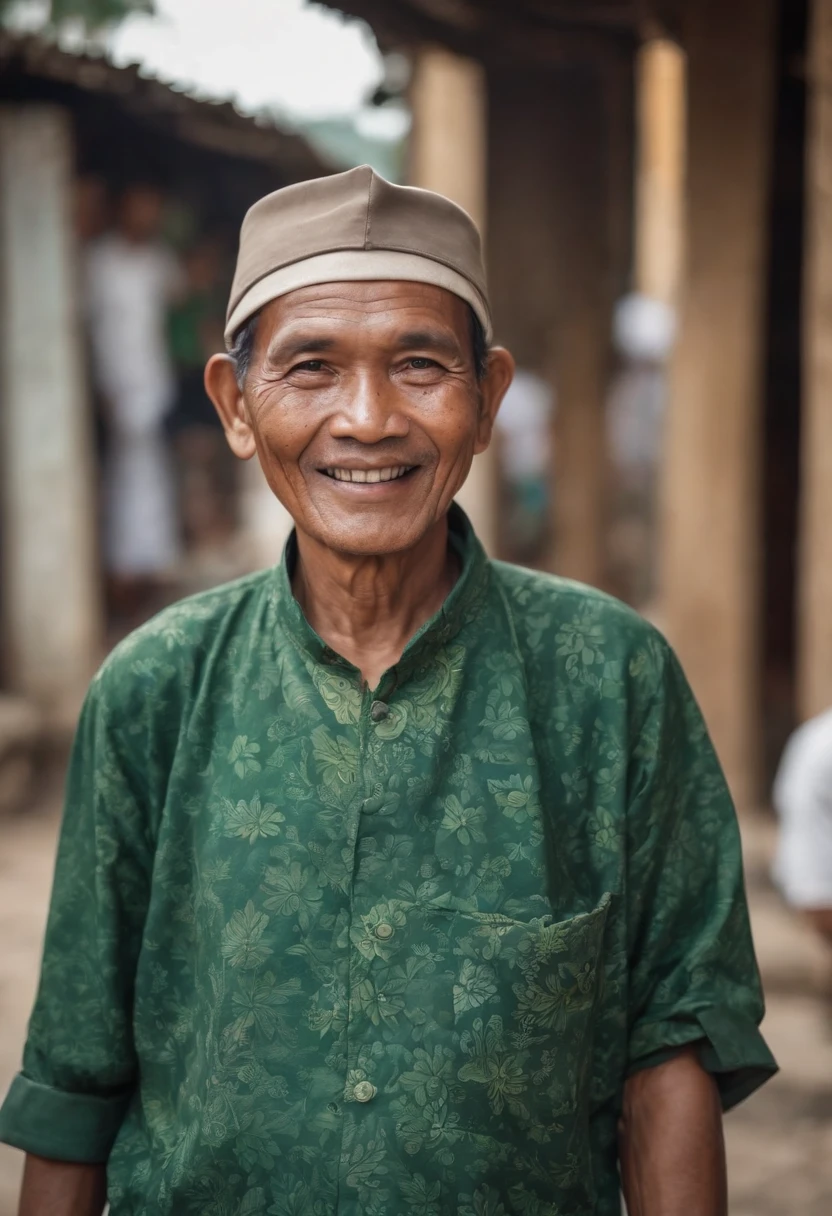 Photo of an old Javanese man, from Lamongan City, in East Java, Java Island in Indonesia. A Soto Soup seller. Around 50 years old, dark brown skin, black eyes, wide eyes, black straight hair with little bit curly hair. Cheerful-pleasant and open minded personality, wise-look face, natural crinkle on the face, sincere smile, feeling happy, wearing green tone batik shirt and dark sarong fabric, out in the streets smiling in the day light, in front of his Soto Soup Stall and other small street vendors, (masterpiece) (photorealistic), ultrarealistic (Best Quality) (Detailed) photographed in a Canon EOS R5, 50mm Lens, F/2.8, (8K) (Wallpaper) (Cinematic lighting) (Dramatic Lighting)