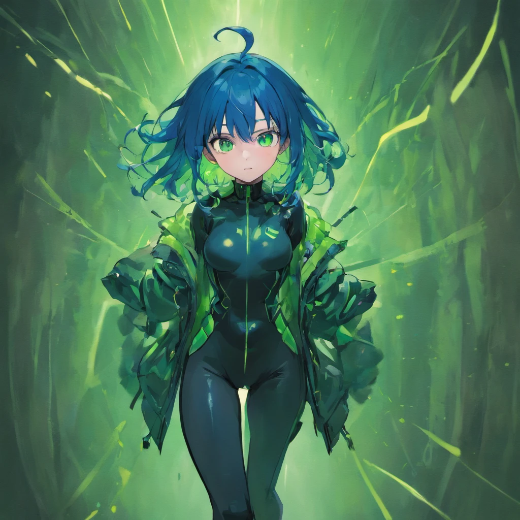 One lady、22age、deadpan、bob cut hair、Blue hair、Deep green eyes、Wearing a combat suit over a black bodysuit、wearing boots、