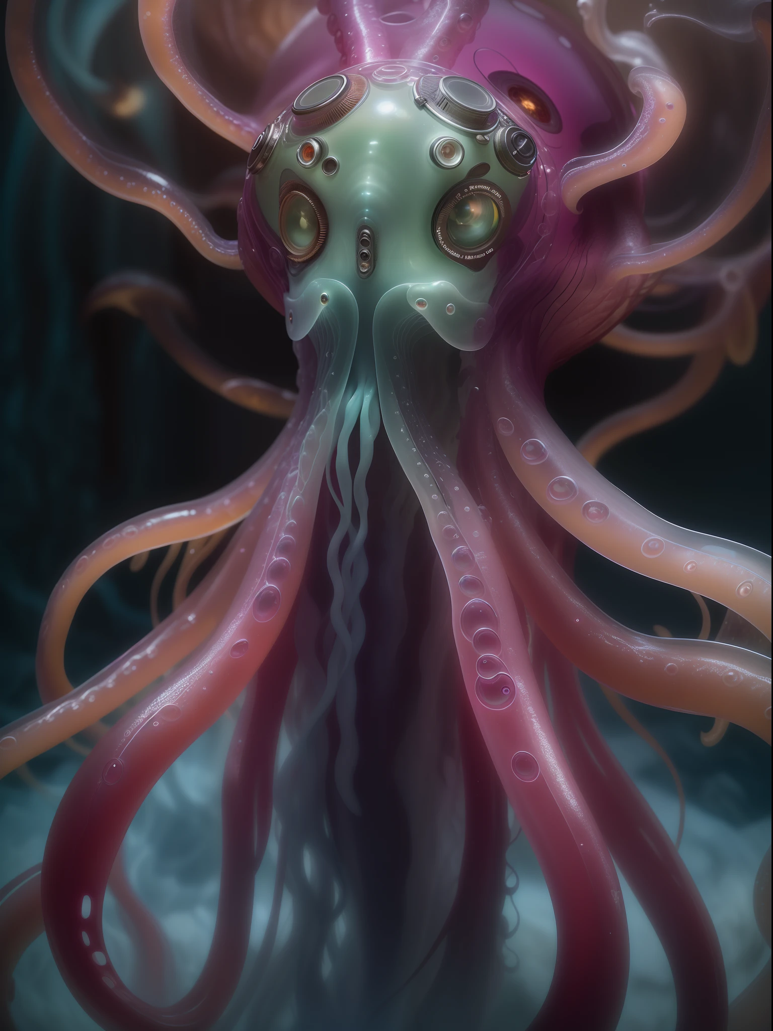 Capture a high-resolution image of a fascinating character—a woman with a jellyfish head and a body covered in sleek, slimy tentacles. The entire body should be in sharp focus, bathed in pristine lighting that accentuates every intricate detail. Employ a professional SLR camera to produce a 4K photograph that showcases the surreal beauty of this creature, Photography, using a high-quality SLR camera with appropriate lens and lighting setup for maximum clarity and detail,