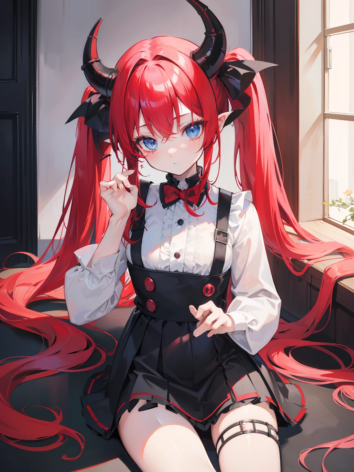red hair,blue eyes,twintails, long hair, solo, , black stockings,{{best quality}}, {{masterpiece}}, {{ultra-detailed}}, {illustration}, {detailed light}, {an extremely delicate and beautiful},litte,Succubus, demon,horns