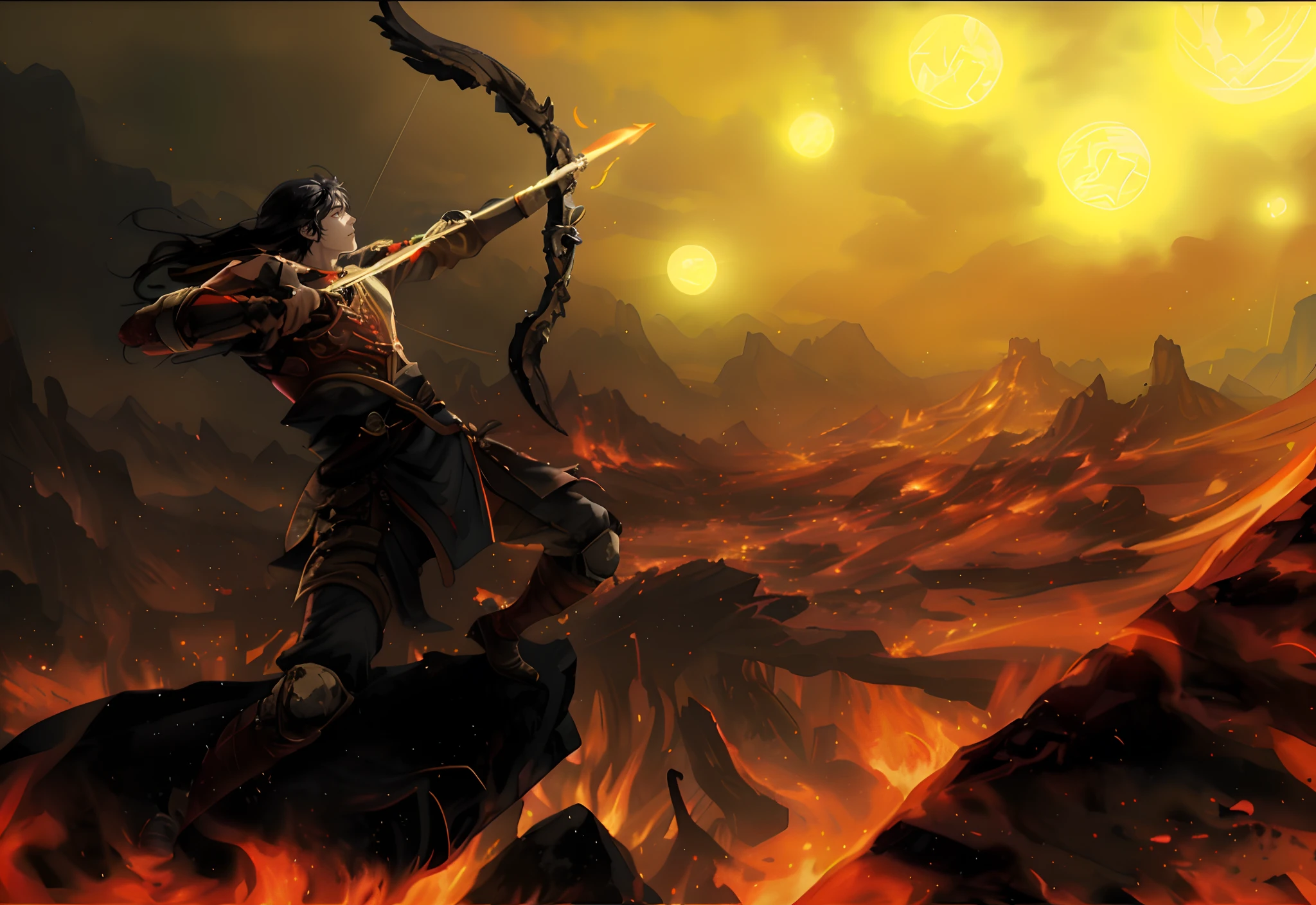 , wielding fire, Handsome man's masterpiece、Need、A man、Myths and legends，AS-Adult、Draw a bow and shoot arrows，Giant sun，Flames erupted，Gather strength，Flying flames，，Burning earth，Tall muscular man、dark themes、Mythological themes，Streamers，Earth destruction，Buble、floating piece of Glass、Rainbow light、Bubble Swirling、Wind swirl、extreme light、Fantastic landscape, Starlight around the character, background artwork,, epic video game art, nezha, Embers flying, Epic fantasy art style HD, Amazing d & D Dark Sun Art, wielding a fireball