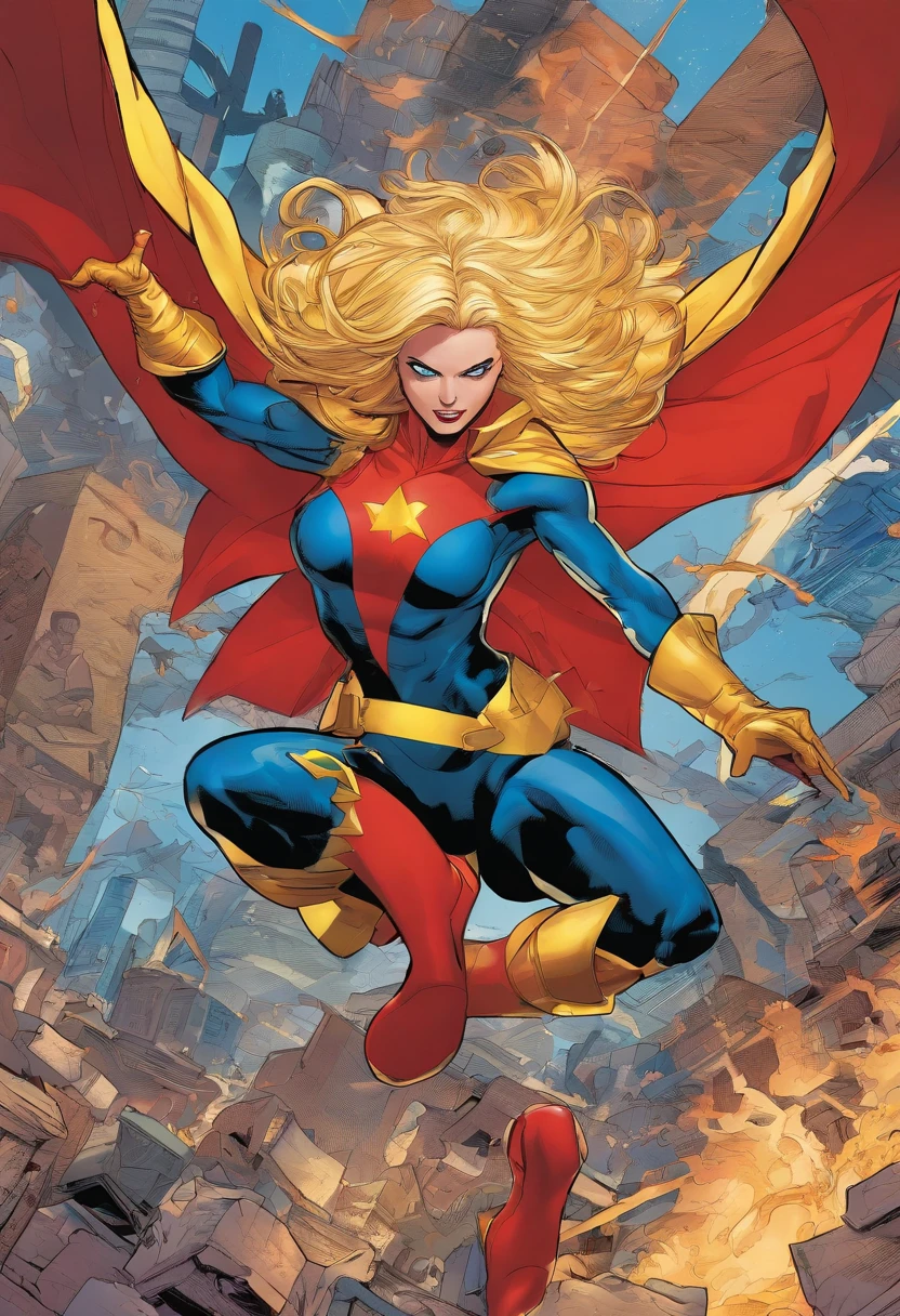 carol danvers, sleeveless turtleneck leotard, wavy hair, very long hair, blonde hair, blue eyes, large breasts, big breasts, huge breasts, detached sleeves, elbow gloves, bikini, bikini armor, microbikini, chainmail bikini, midriff, thong, superhero, marvel, yellow lightning bolt symbol, lightning bolt print, thighhighs, thighs, red sash, sash, red belt, belt, ms. marvel, miss marvel, ms marvel, pixel art,