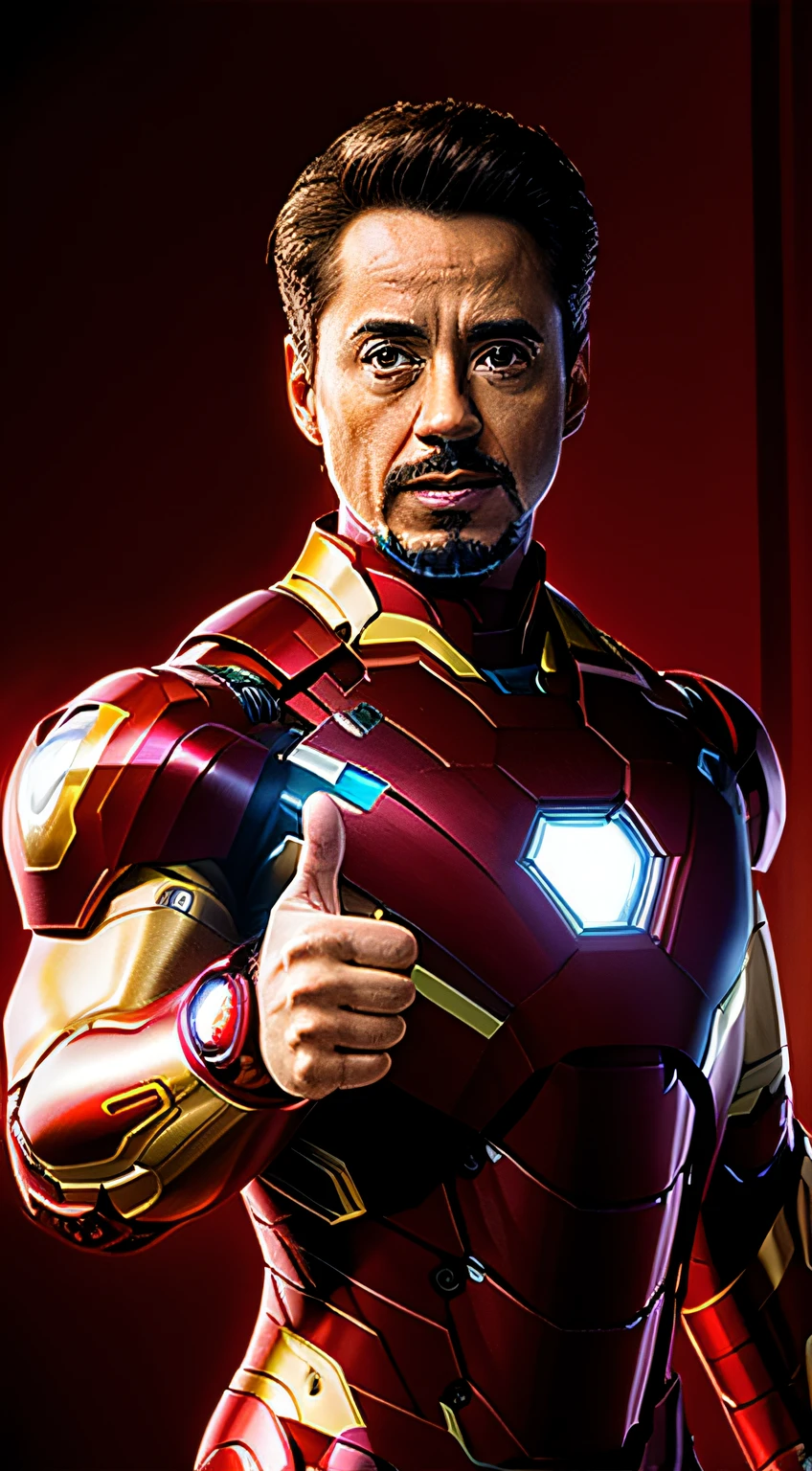 A cinematic scene，UE5 renderer，rich details​，Ultra photo realsisim，k hd，16K，Iron Man gave a thumbs up