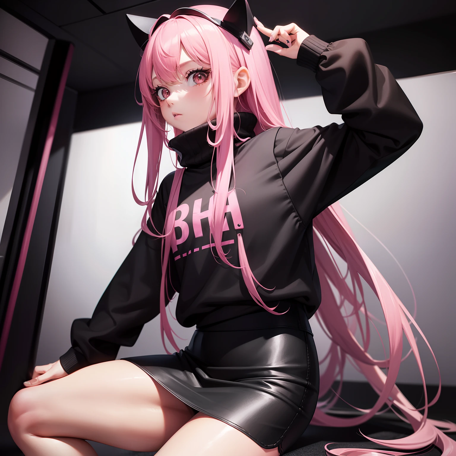 Best quality, highly detailed, ultra detailed, 1 very Dark brown skin boy, chocolate skin, flat chest, male chest, curvy body, long dreadlocks, pink dreadlocks, pink eyes, cat ears, lipgloss, wearing black long sleeve crop top, biker shorts, booty, bedroom background